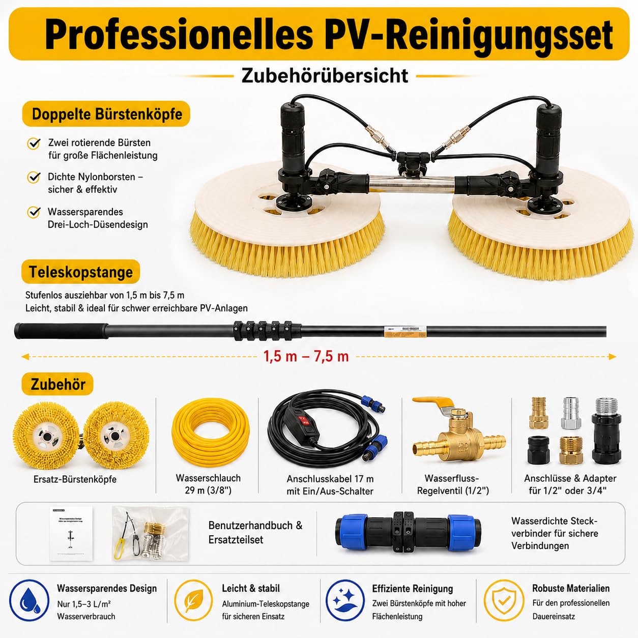 Kit de brosse de nettoyage pour panneau solaire extérieur avec tige télescopique de 7,5 m, tuyau d'eau de 29 m, cordon d'alimentation de 17 m, tête de brosse double rotative de 65 cm