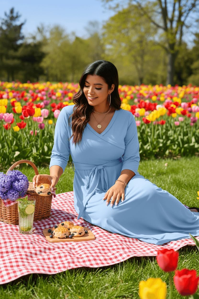 Runwind Plus Size Dress for Women - 3/4 Sleeve V Neck Maxi Dresses for Women (XL-6XL) - Image 3