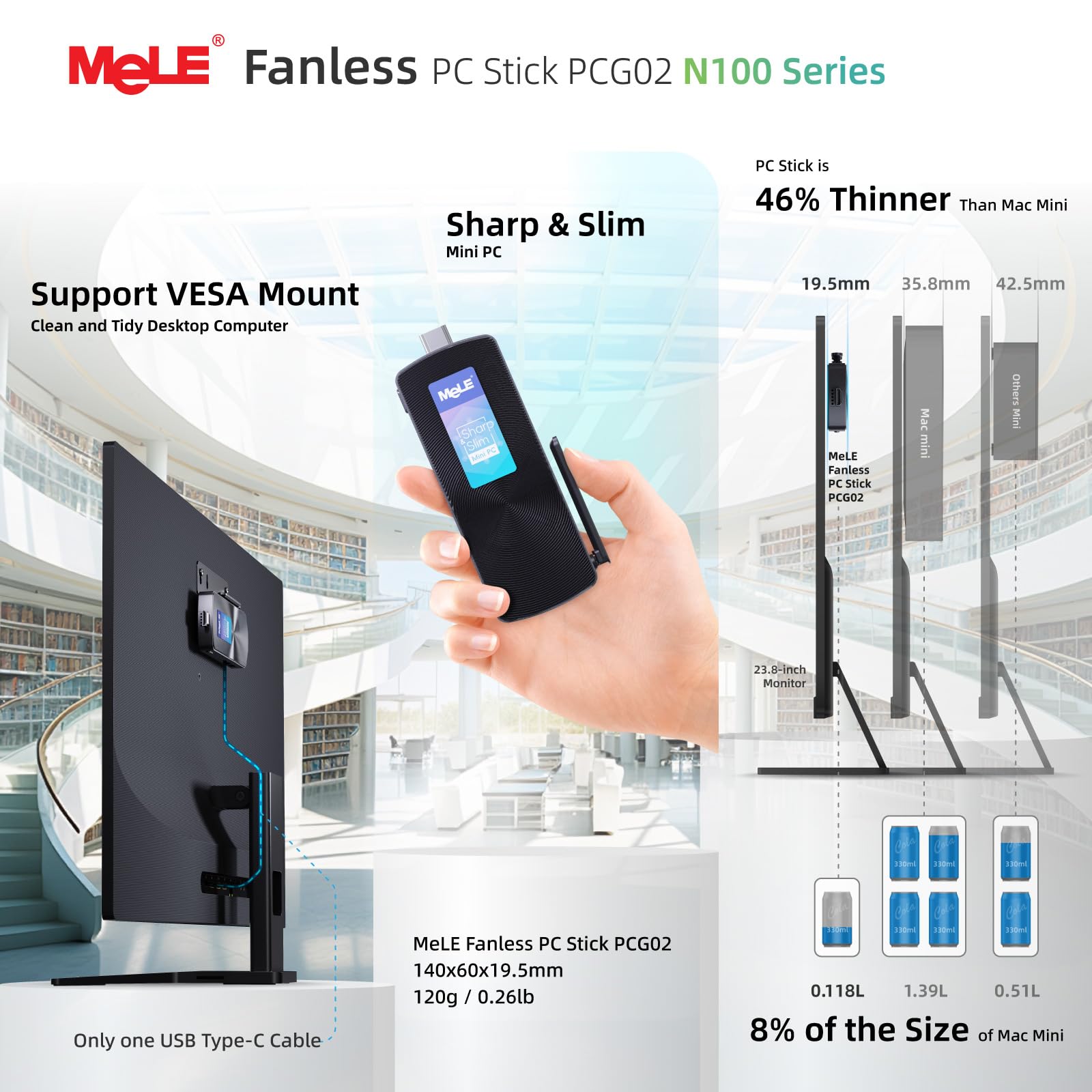 MeLE PCG02 Mini PC Stick sin Ventilador Alder Lake N100(hasta 3.4GHz) 8GB LPDDR4 256GB ROM Microordenador de sobremesa PC de Factor de Forma pequeño con USB-C, WiFi 2.4G/5G, HDMI 4K para Oficina