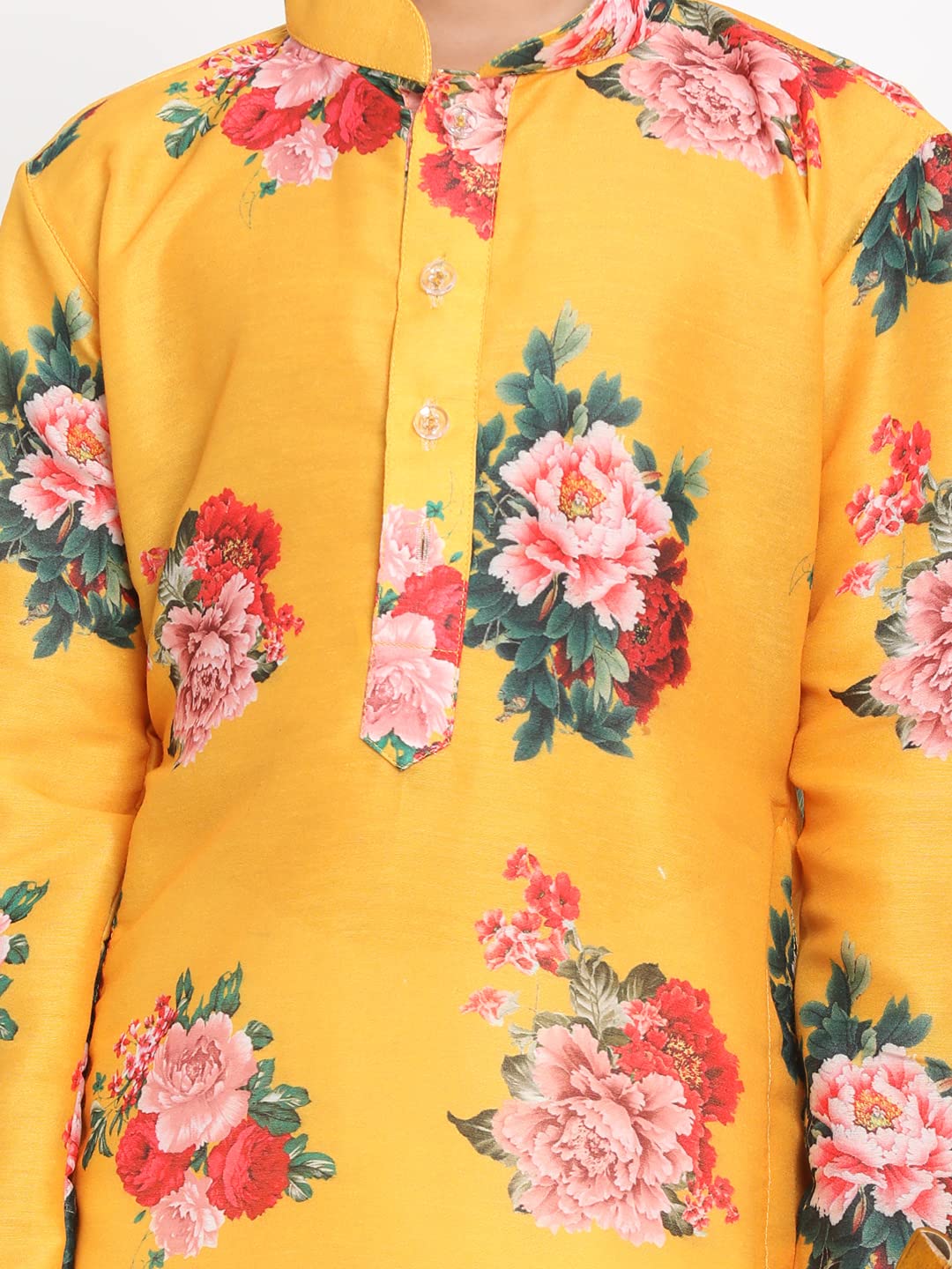 Vastramay Boys Yellow Silk Kurta Dhoti Set For Janmashtami, Rakhi Festival Ethnic Wear With Floral Print