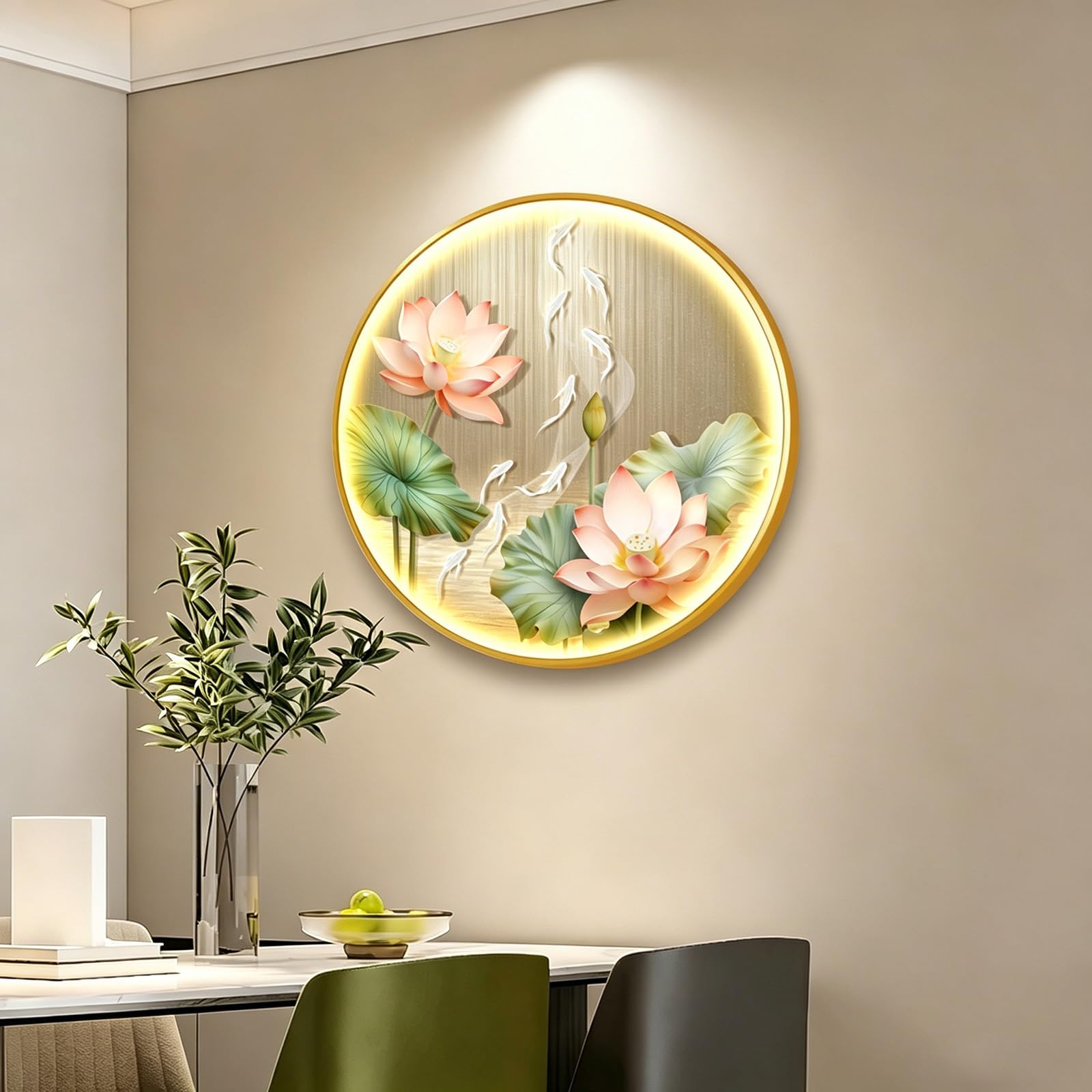 TgrGiEDenLO Sandstone 3D Wall Art with LED Lights, Round Lotus Nine Fish Wall Decor for Living Room, Modern Aesthetic Hanging Sculpture for Entryway/Hallway(D,Gold,80cm/31.5in)
