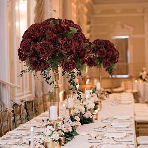 Miniatura 9 de Flores artificiales de seda, ramo de peonías artificiales color borgoña, 4 paquetes de arreglos florales para casa de campo, hogar, mesa de boda,