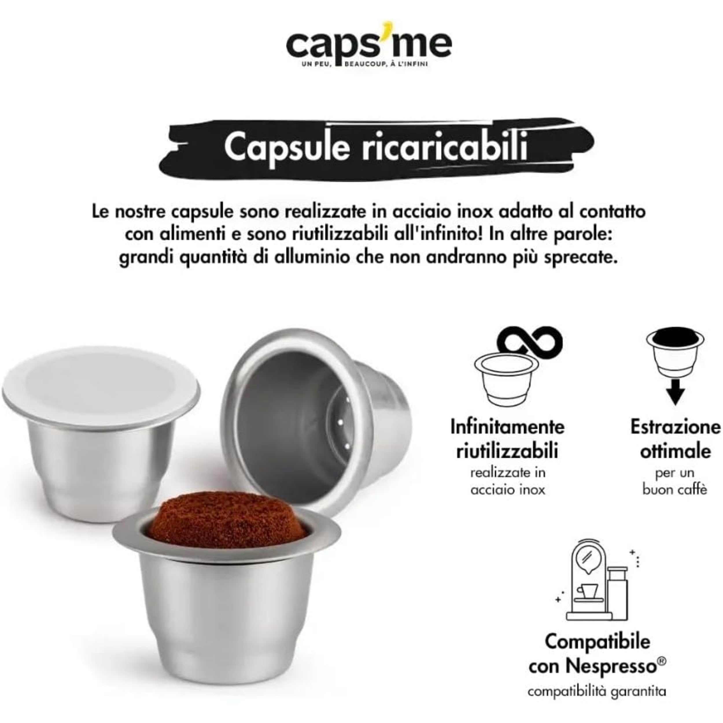 CAPS ME - Kompletny Zestaw Wielokrotnego Użytku do Nespresso Original (1 Shaker + 3 Kapsułki ze Stali Nierdzewnej + 48 Papierowych Pokrywek + Kawa Premium) - Ekonomiczny i Ekologiczny