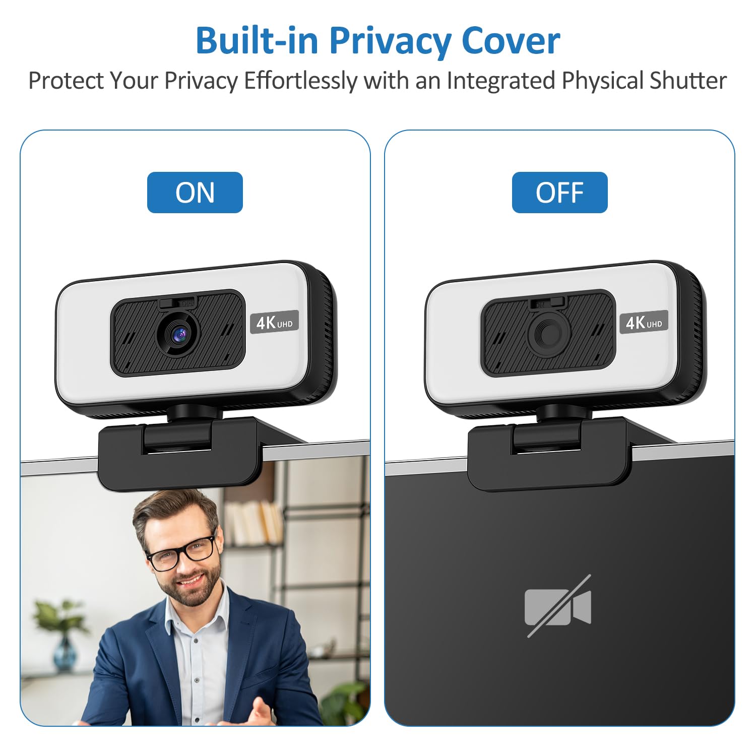 Cámara web 4K con luz y zoom, cámara USB para ordenador con micrófono, cobertura de privacidad y luz antiinterferencias, cámara web 4K UHD de enfoque automático para monitor de ordenador