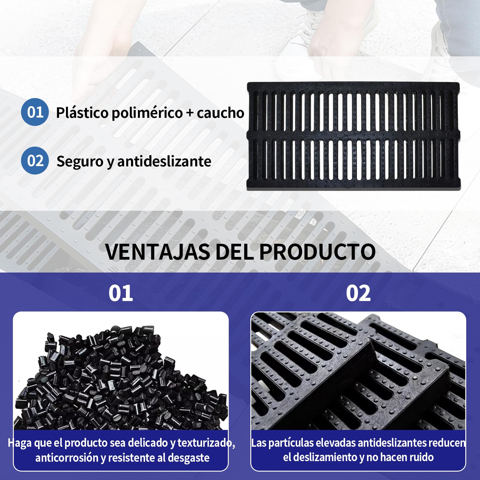 Rejilla Antideslizante para Canal de Desagüe | Superficie con Puntos de Agarre Seguro Incluso Mojada | Ideal para Bordes de Piscina, Duchas y Zonas de Paso