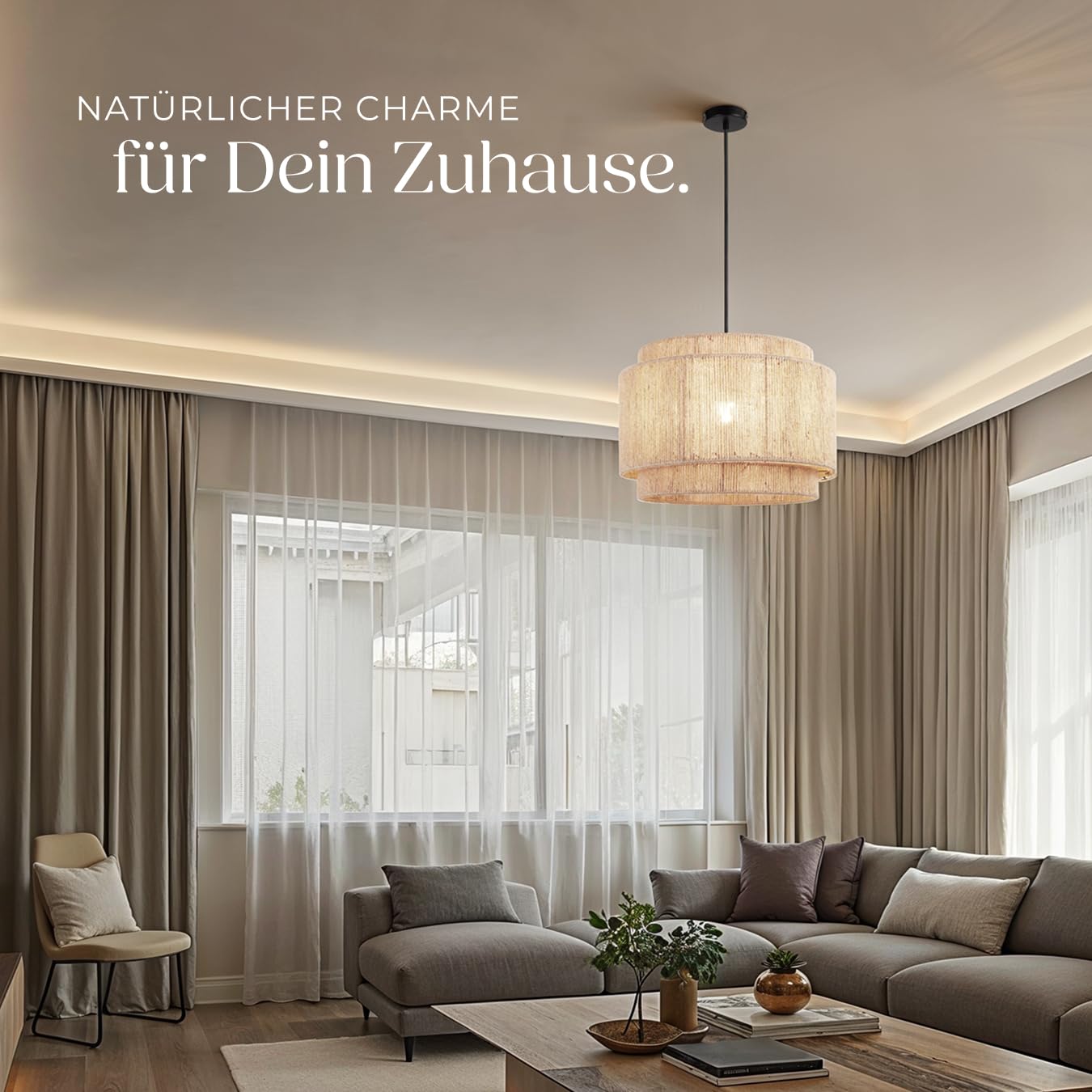 tectake® Hängelampe im Boho Stil, Pendelleuchte aus Jute, Vintage Lampenschirm Hängelampe, Ø 46 cm, Pendelleuchte Esstisch, Küchenlampe, Deckenleuchte Schlafzimmer, E27 Lampe Hängend, Hängeleuchte