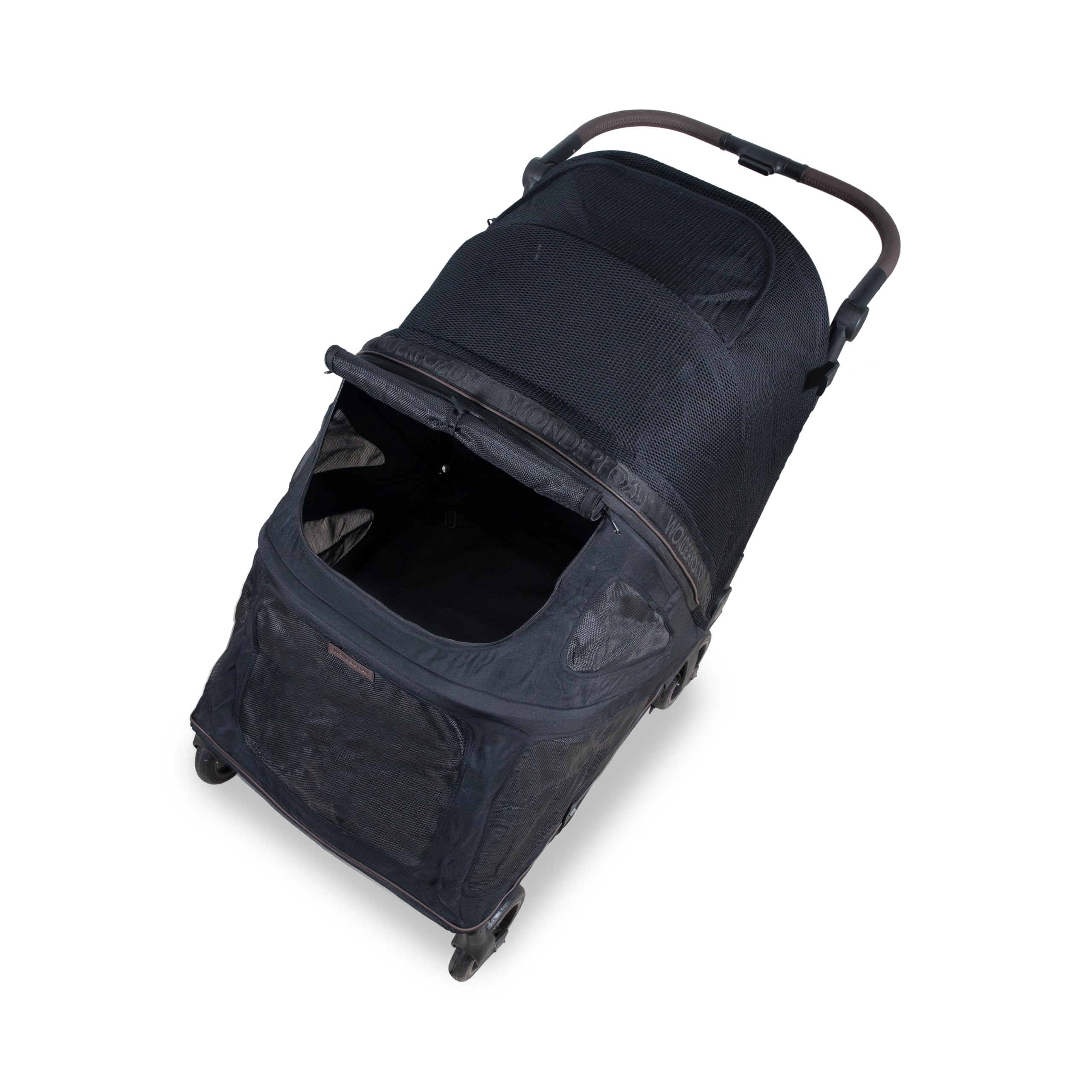 Wonderfold PFL Pet Large Premium Flat Fold Stroller – faltbarer Hundebuggy bis 45?kg, All?Terrain Räder, großer Einstieg, atmungsaktive Netze, flach faltbar – Jet Black