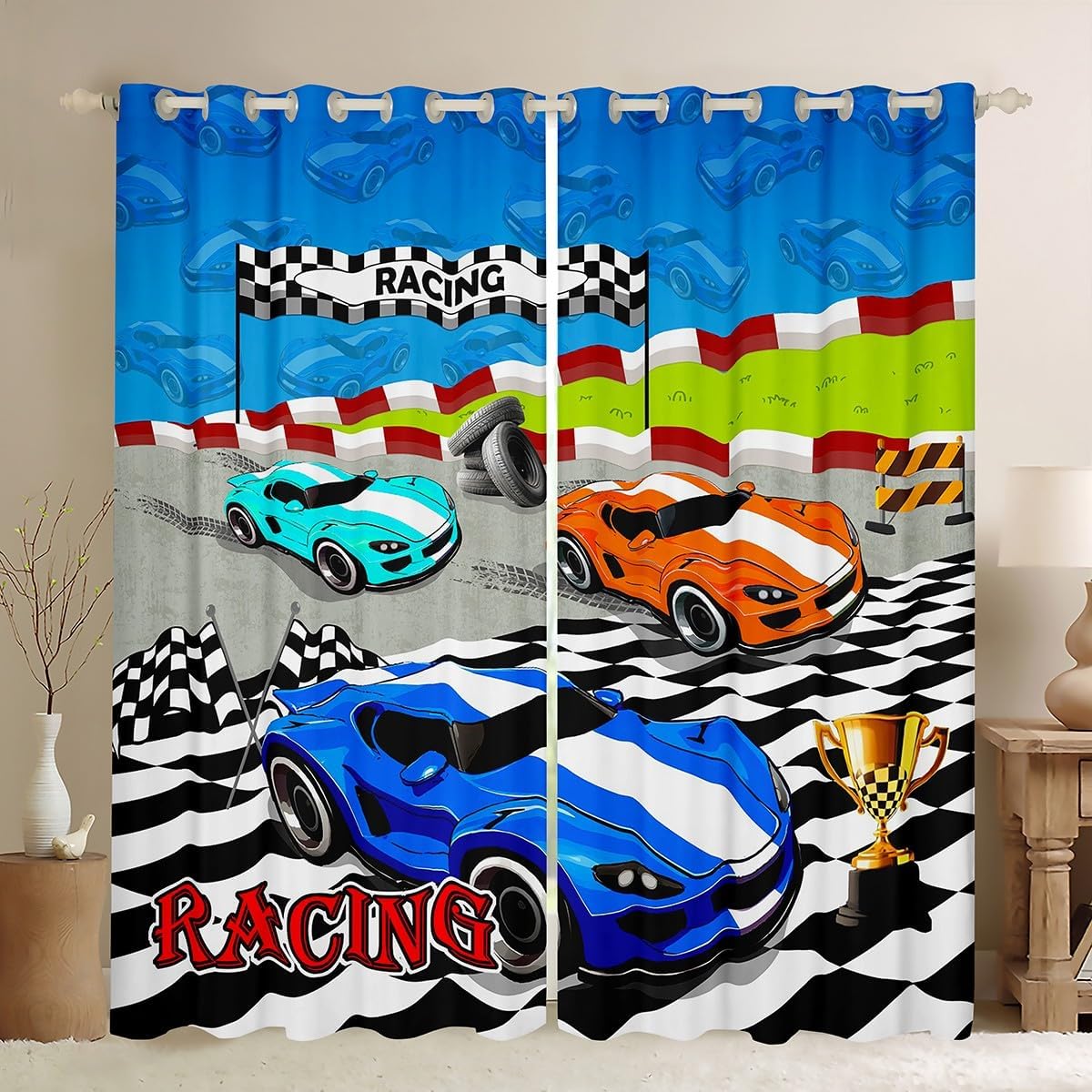 Feelyou Kids Race Car Window Curtains Speed Sports Car Blackout Curtains Boys Girls Racing Car Darkening Drapes Extreme Sports Teens Window Treatments (2 Panels, 38 x 45 Inch)