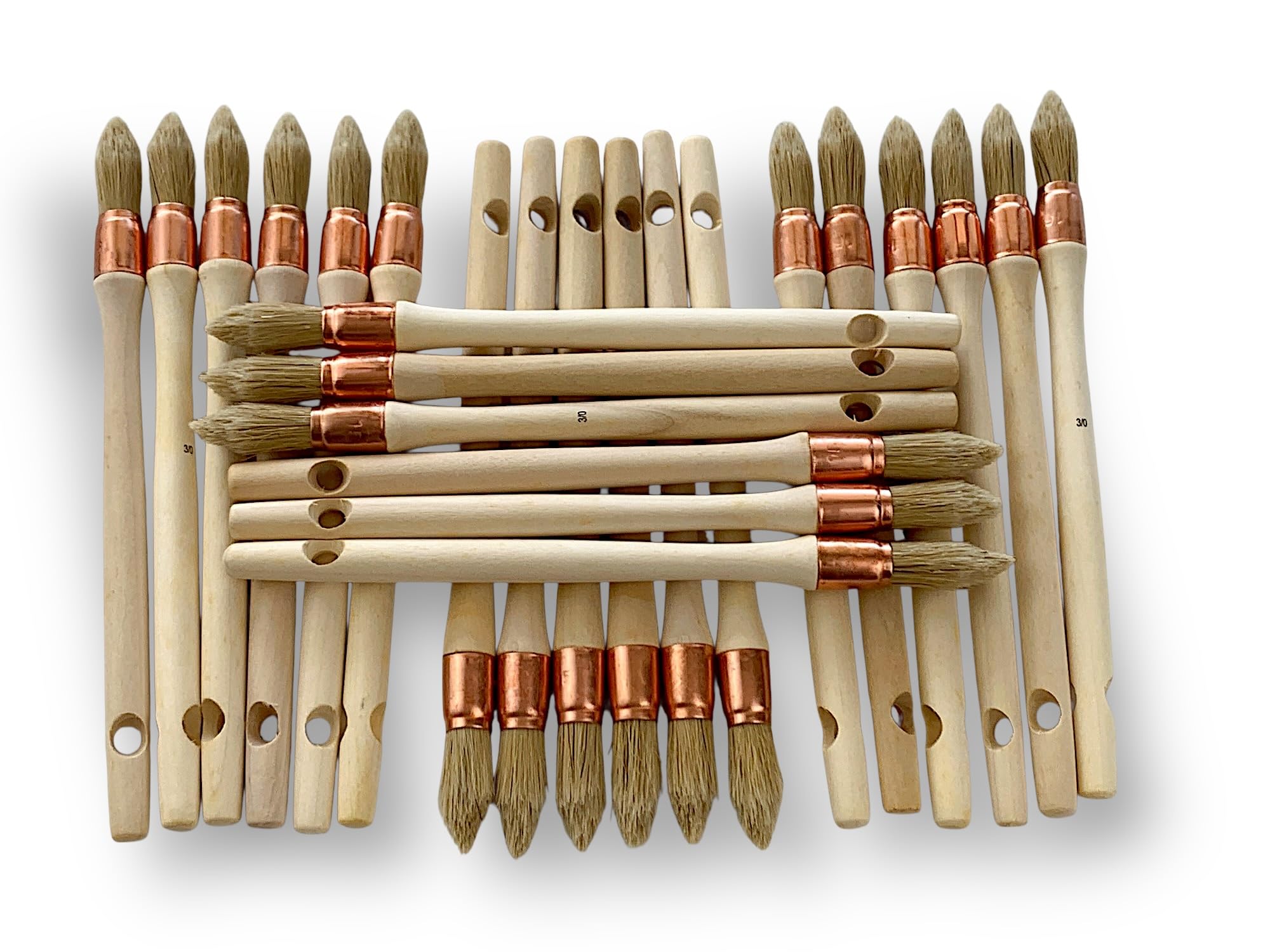 Lot de 24 pinceaux à rechampir | Brosse Ronde Ø15 mm en Soie Blanche | Manche en Bois Brut | Idéal pour Peinture et rénovation de Volets, moulures, plinthes et Angles| Kibros 371D15_30x24