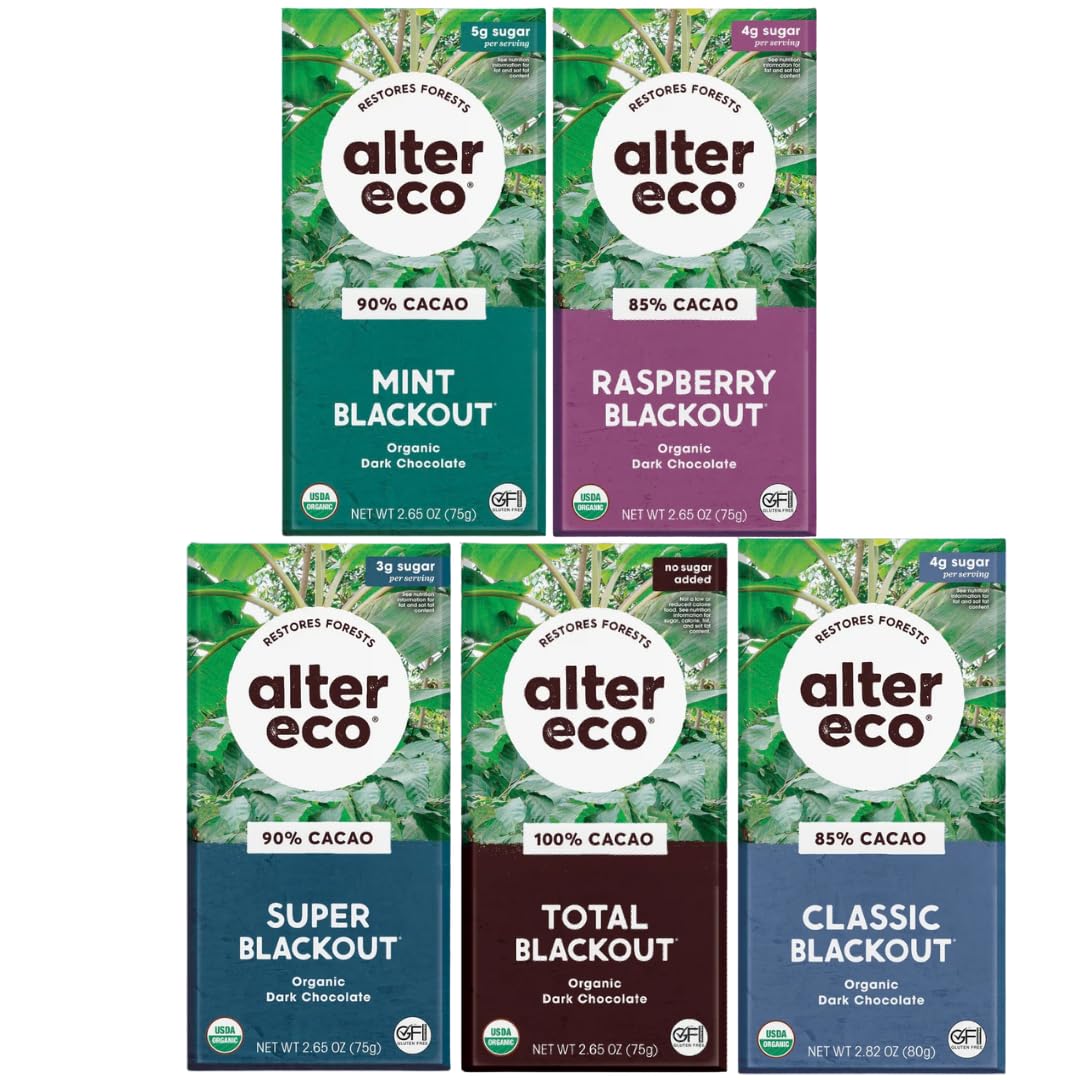 Alter Eco Dark Blackout Chocolate Variety Pack, 5-Count | Raspberry Blackout, 100% Cacao Total Blackout, Super Blackout, Deep Dark Blackout & Mint Blackout | Organic, Fair Trade