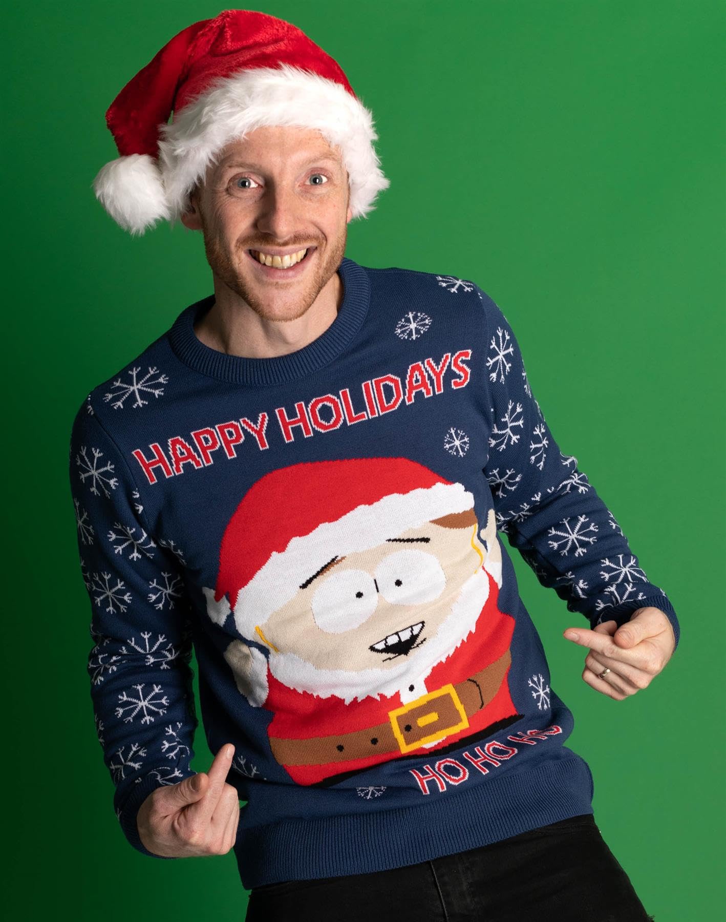 South Park męski sweter bożonarodzeniowy | Dorośli panie Eric Cartman Święty Mikołaj świąteczny granatowy sweter z dzianiny | Sitcom prezenty świąteczne dla niego dla niej, NIEBIESKI, XL