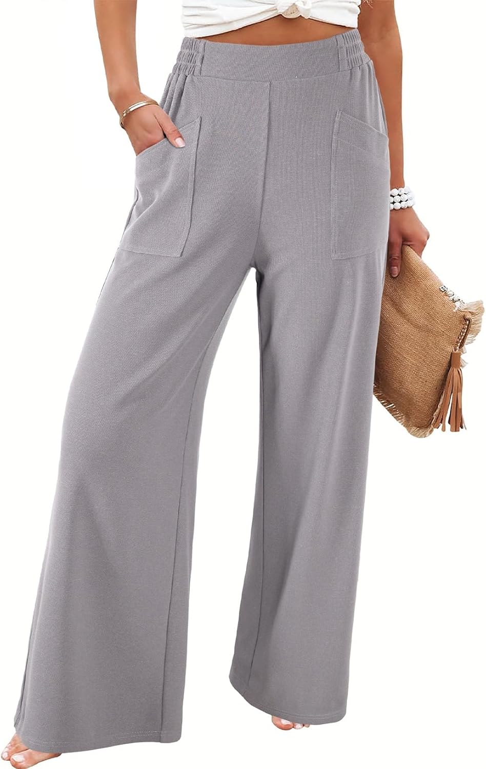 EVALESS Womens Baggy Wide Leg Pants Casual Elastic Waisted Palazzo Harem Pant with Pockets