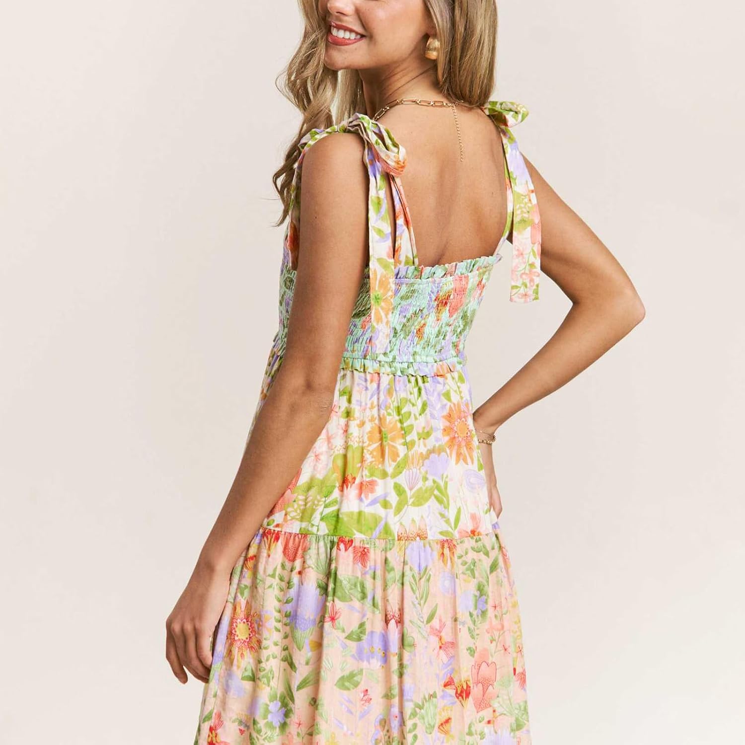 Women Boho Floral Sun Dress Tie Strap Sleeveless V Neck Patchwork Smocked Long Flowy Maxi Dress with Pockets - Image 8