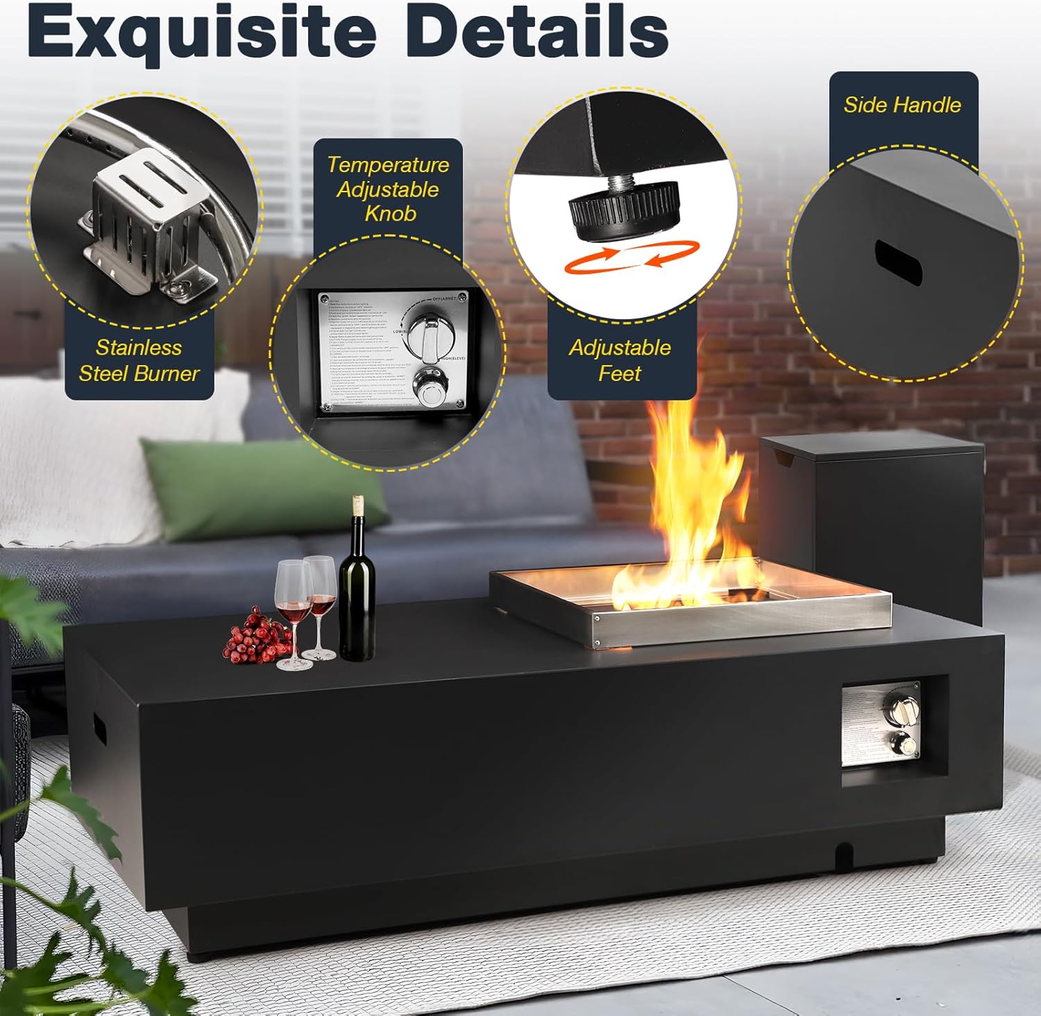 2-Piece 48" Outdoor Propane Fire Pit Table Set W 16" Tank Cover Side Table, 50,000 BTU Rectangle Fire Pit Coffee Table, Lava Rocks, Wind Guard, Rain Cover for Patio, Backyard, Garden, Deck