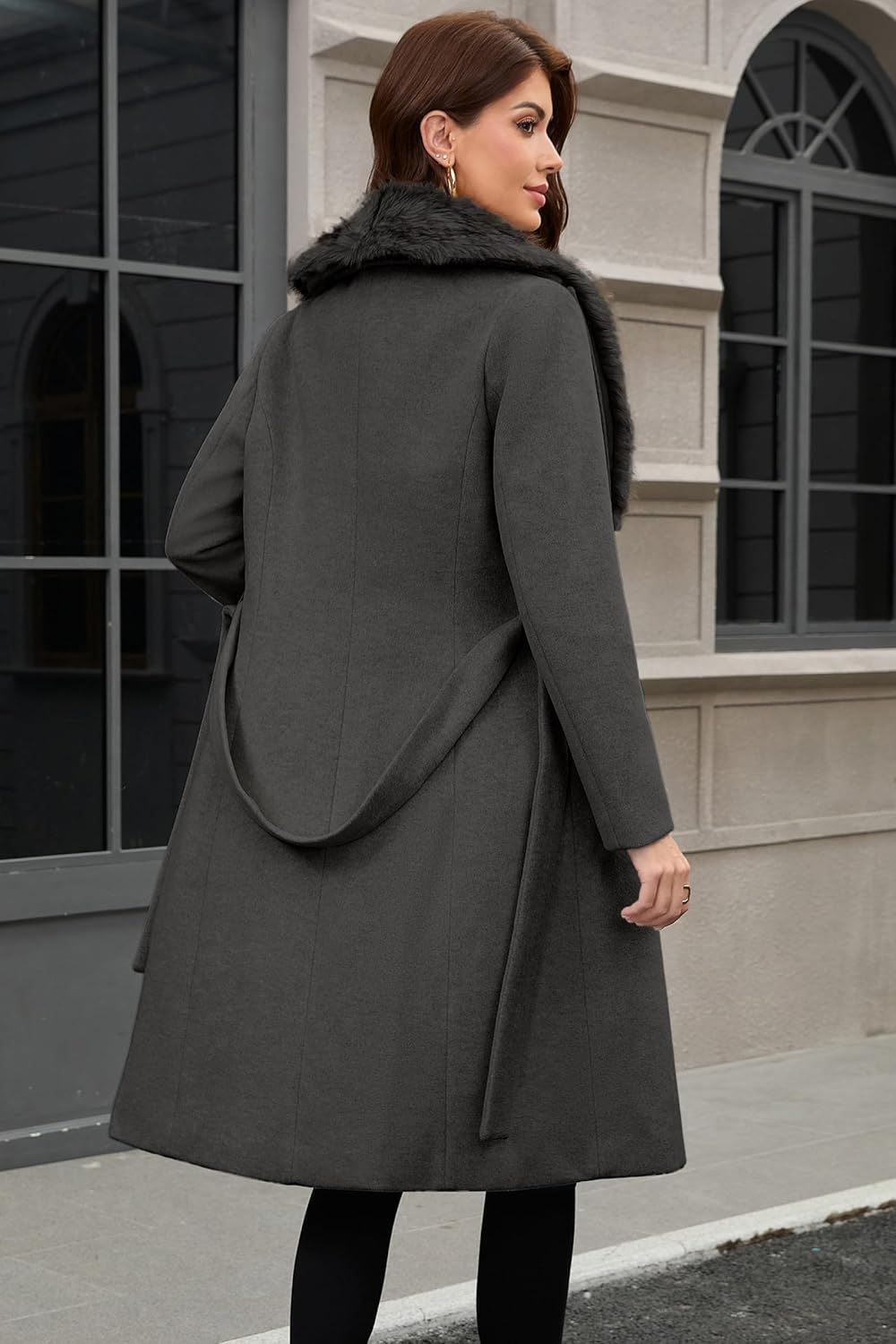 PAPILLON D'OR WEAR YOUR WINGS Women's Long Wool Coat - Double-Breasted Belted Trench with Detachable Faux Fur Collar - Image 6