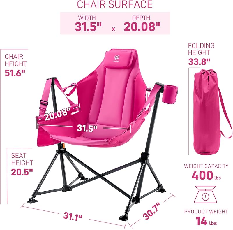 EVER ADVANCED Padded Oversized Hammock Camping Chair, Compact Heavy Duty Swing Chair with Multi-Storage Pockets, Portable Folding Rocking Camping Chair, Support Up to 400lbs, Pink image 3