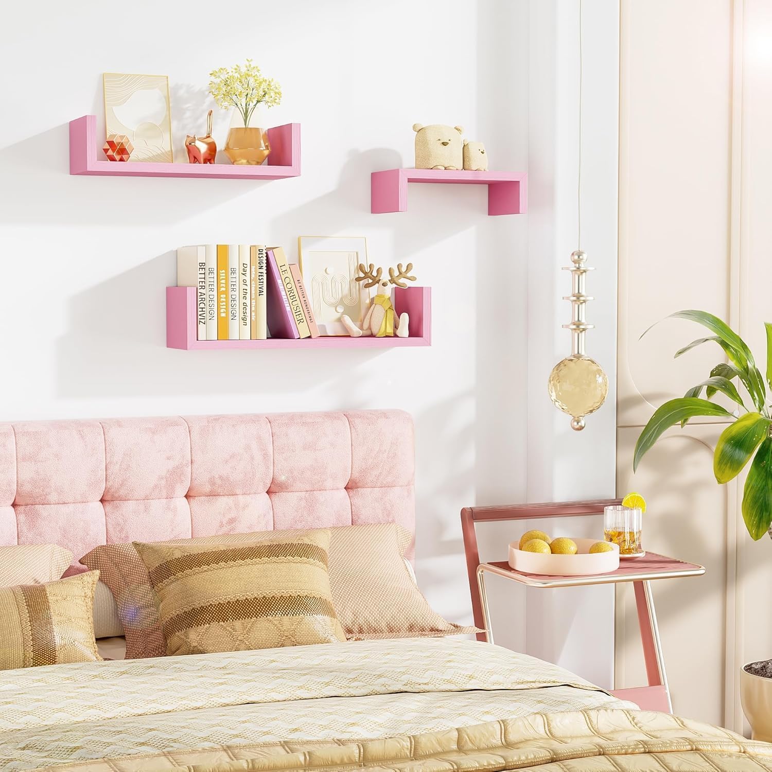 SRIWATANA Floating Shelves Wall Mounted, Solid Wood Wall Shelves, Pink