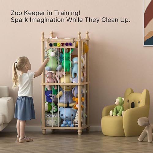 Miniatura 6 de Almacenamiento de animales de peluche, estante de madera suave, organizador de habitación del bebé, jaula de zoológico para animales de peluche con