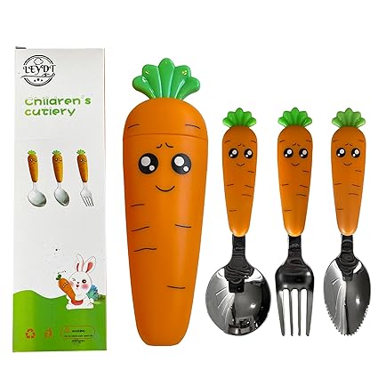 Cutlery Set, 3 Piece Stainless Steel Carrot Shaped Spoons, Set with Fork, Soup Spoon and Dessert Scraper with Carrot Shaped Case,Essential Kitchen Utensil for more convenience at home.