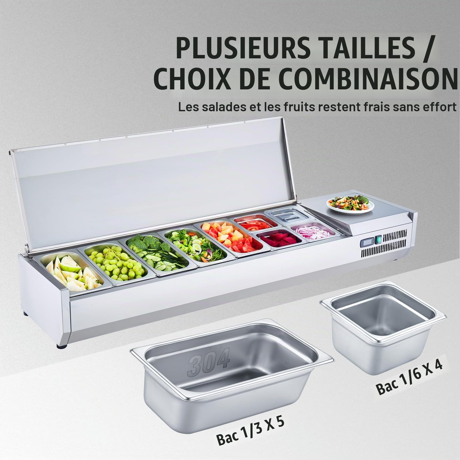 VEVOR Saladette Réfrigérée à Poser 165 W, Vitrine Réfrigérée pour Pizzeria, avec 5 1/3 Casserole et 4 1/6 Casseroles, Corps en Inox 304, Couvercle en PC, Protection en Inox, pour Ingrédients Cuisine