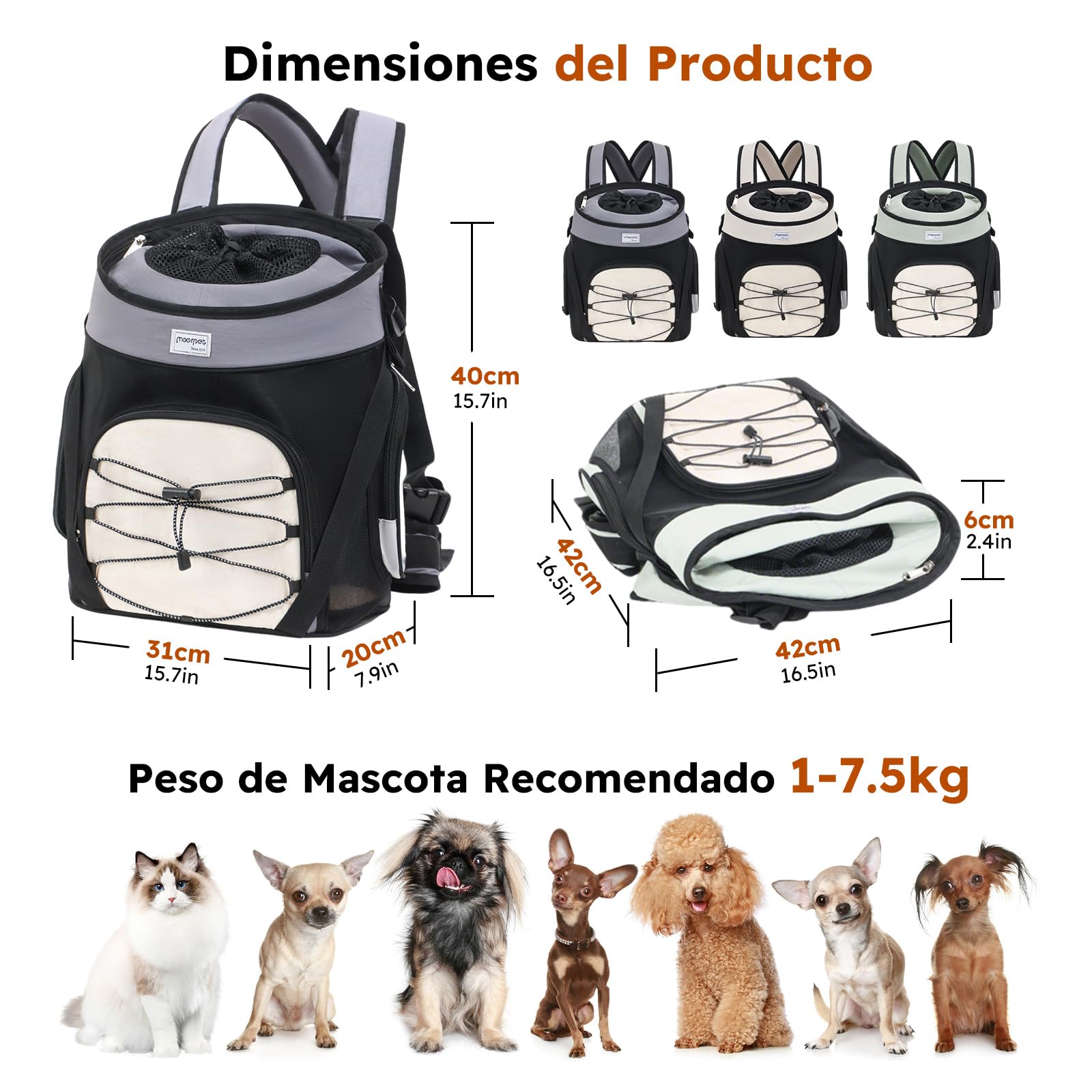 PETCUTE Mochila para Perros de hasta 7,5 kg,Transpirable Mochila Perros