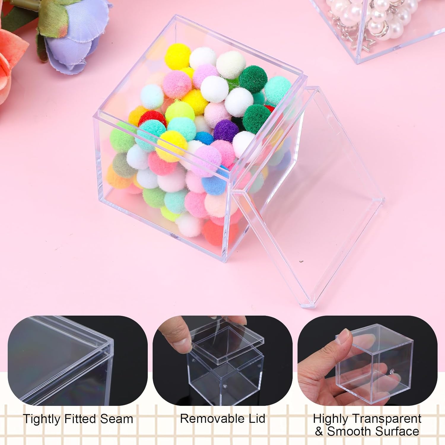 Telooco 40 Pcs Clear Acrylic Box 2.2 x 2.2 x 2.2 Inch, Plastic Square Cube Display Boxes Candy Containers, Small Acrylic Box with Lid Stackable for Storage Candy Pill Earring Jewelry Gifts