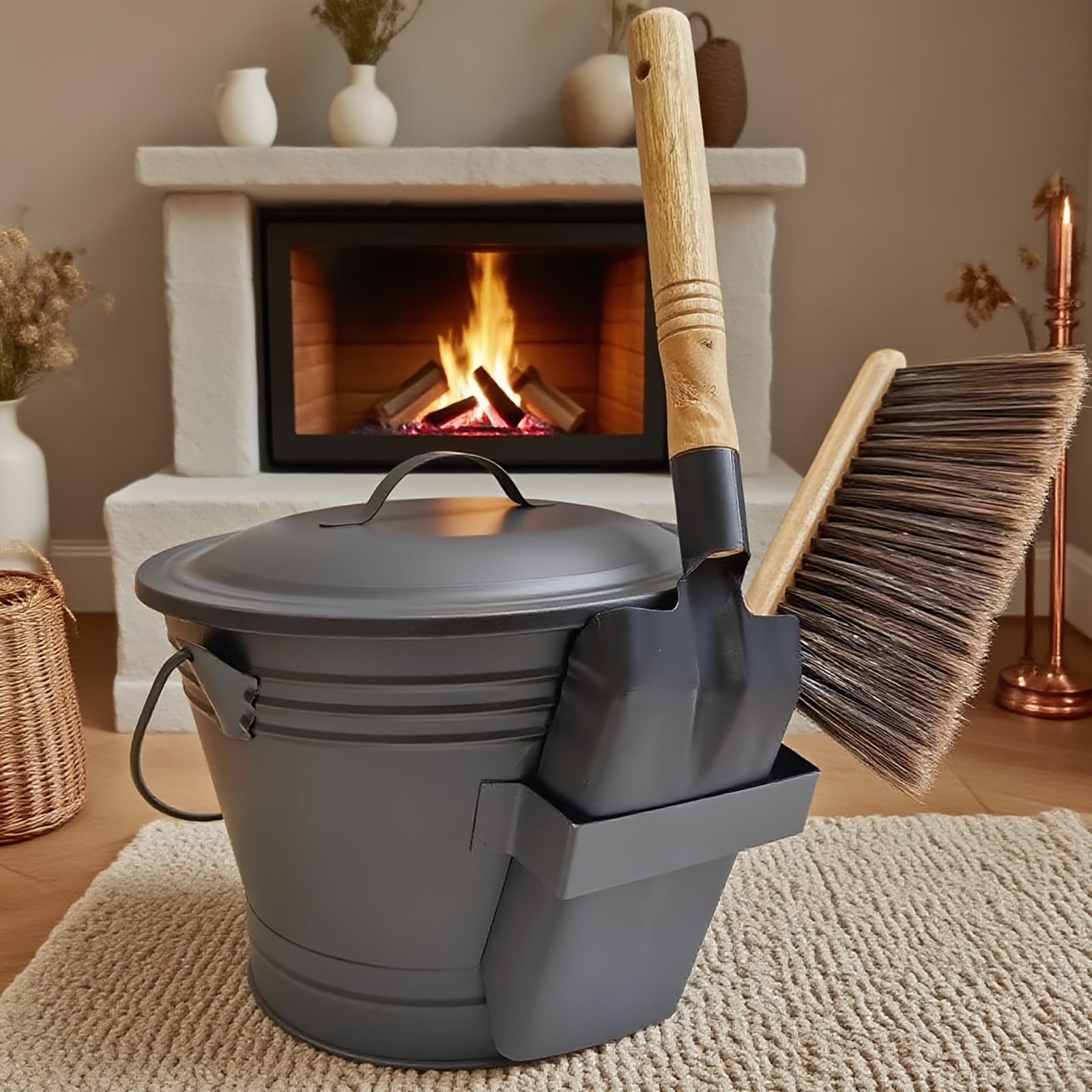 Secchio per lo smaltimento delle ceneri a tenuta stagna con manico ergonomico Include strumento per la pulizia dei caminetti Pala Spazzola Guanti Secchio per ceneri in acciaio zincato