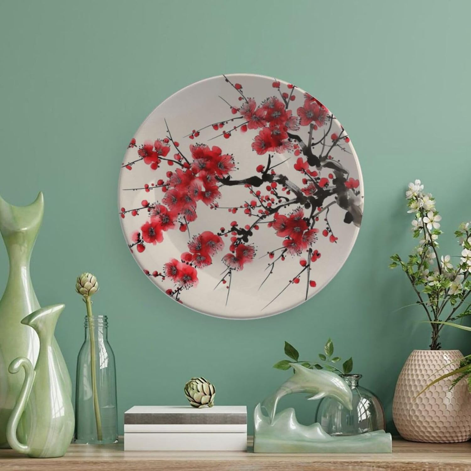 Japanese Spring Theme Decorative Ceramic Plate Round Porcelain Plate,Plum Tree Blossoms Pattern,for Decorative Ornaments Giving Plates, 1 Plate with 1 Display Stand,Red Beige,10 inch