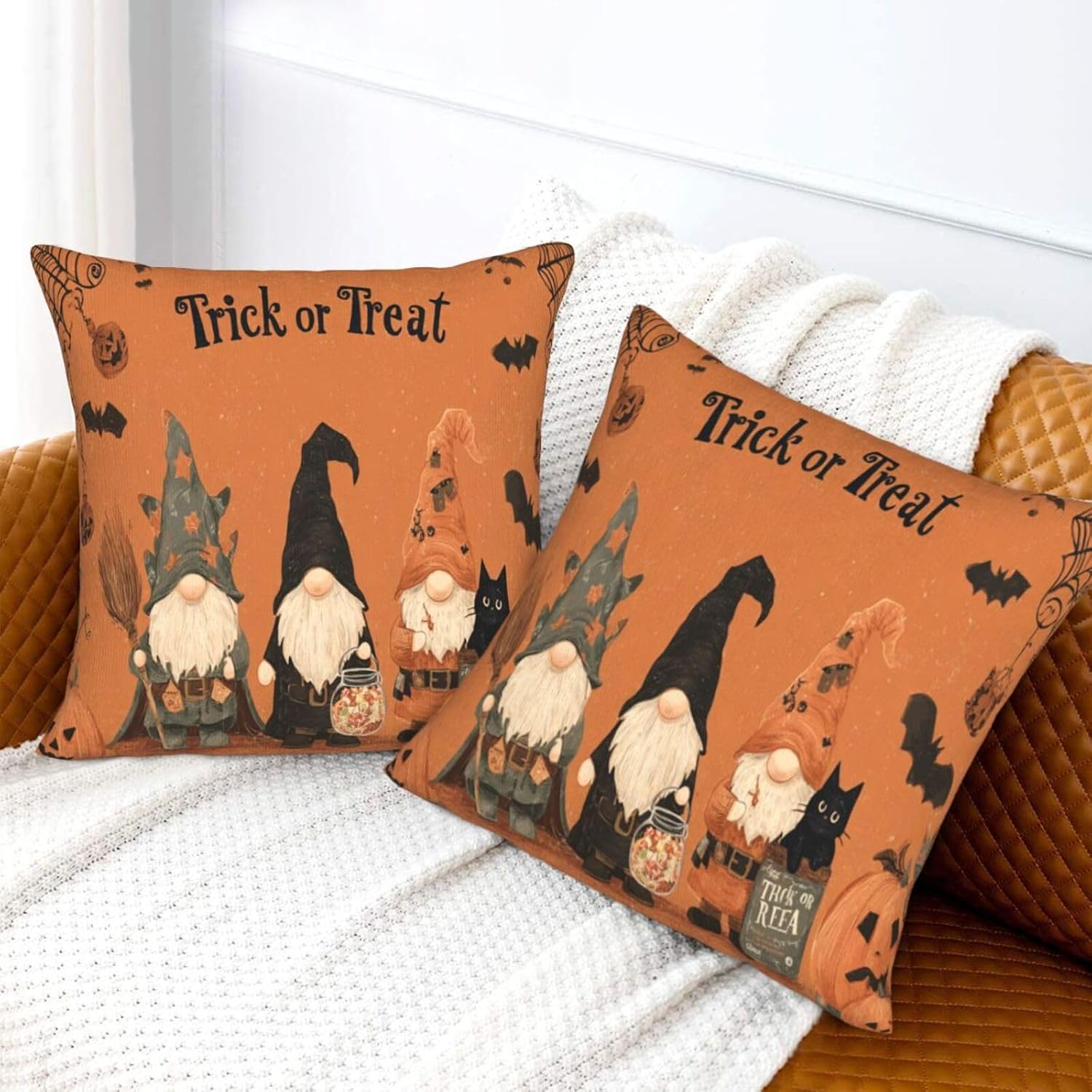 Pillow Covers Gnomes Halloween Pumpkin 2 Set Pillowcases Square Cushion Cover Throw Pillows Case Decorative for Sofa Couch Home Bedroom Chair Car Indoor Outdoor 18x18 Inches