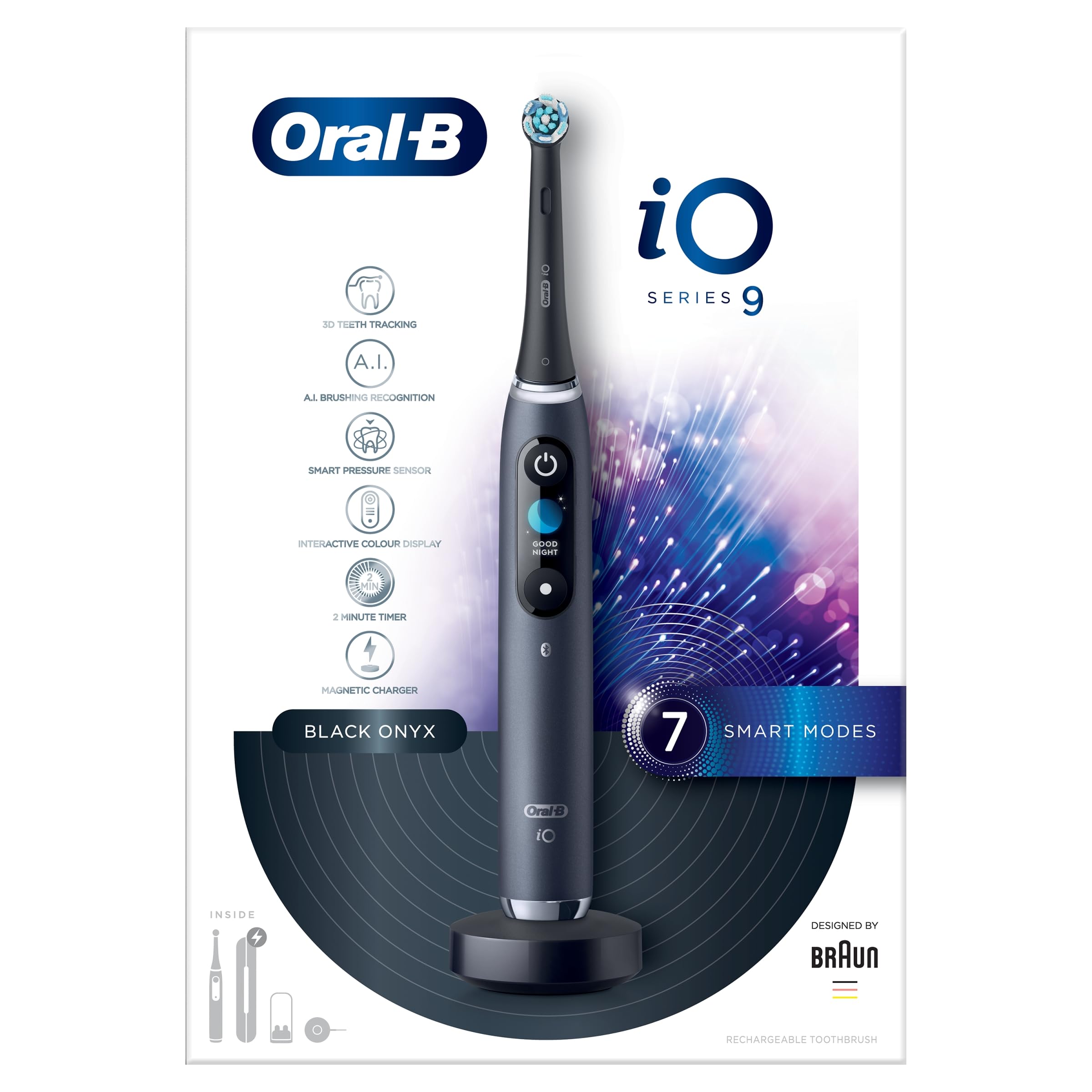 iO - 9 - Electric Toothbrush Rechargeable Designed By Braun, 1 High End Black Handle Using Revolutionary Magnetic Technology, Colour Display, 1 Toothbrush Head, 1 Charging Travel Case