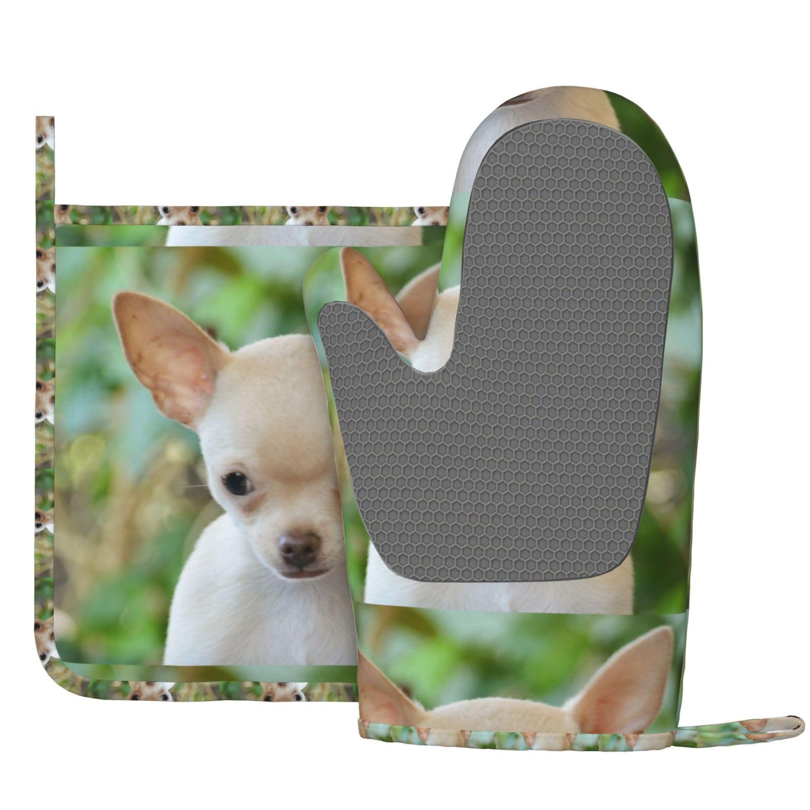 OHSUL Ofenhandschuh & Topflappen-Set Mit Chihuahua-Muster – Hitzebeständig, Waschbar, Küchendeko