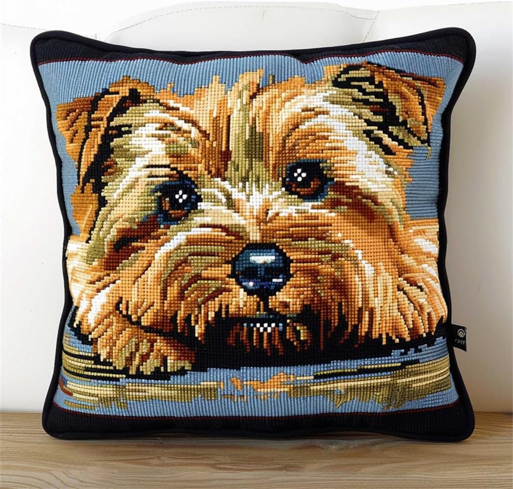 Rqwybcaxn Latch Hook Kit Unfinished Cushion Cover with Printed Canvas Yorkshire Terrier Pillowcase Sewing Making Kits for Beginners Adults Kids Embroidery Kits Home Decoration 17X17Inch