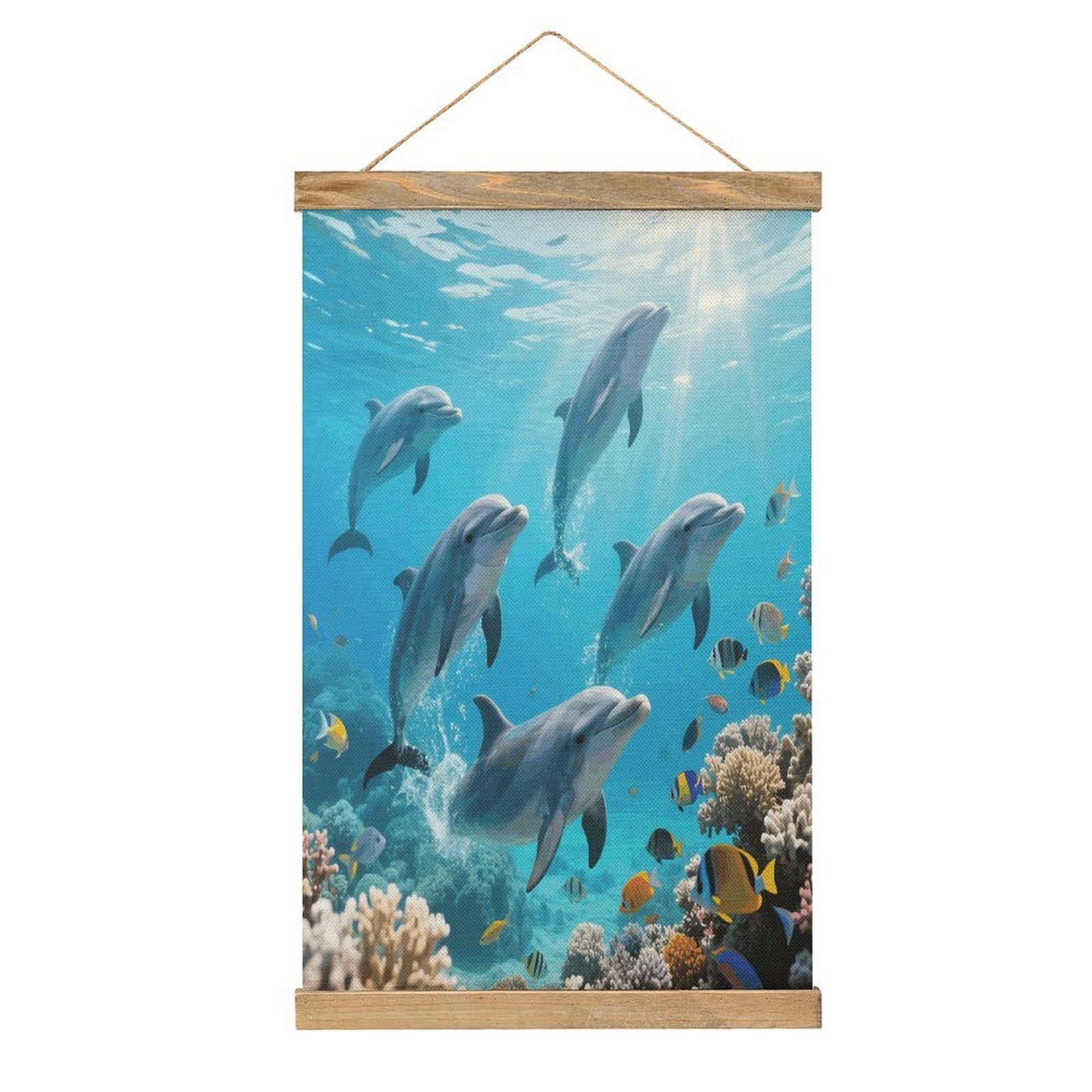 VstaDank Cute Dolphins Linen Hanging Painting Vintage Canvas Wall Art Poster Reading Nook Corner Decor Retro Wall Decor Prints for Library Reading Room Home 13.2 X 20.47 Inch