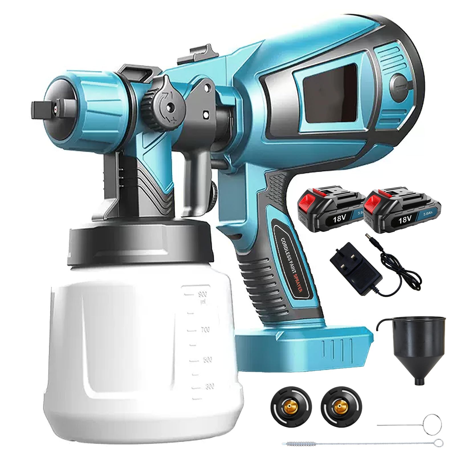 Cordless Paint Sprayer with 2x 18v 3.0Ah Battery & Charger, Electric Powerful Spray Gun With 3 Nozzles & 3 Patterns, 1000m PVC Bottle, 30000RPM, Stepless Flow Control for Fences/Sheds/wood/Wall