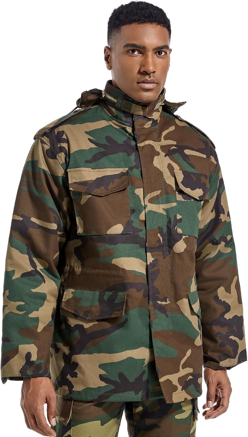 Men's Tactical M65 Field Jacket - Military Coat with Removable Hood, Fully Lined, Adjustable Waist & 4-Pocket Design