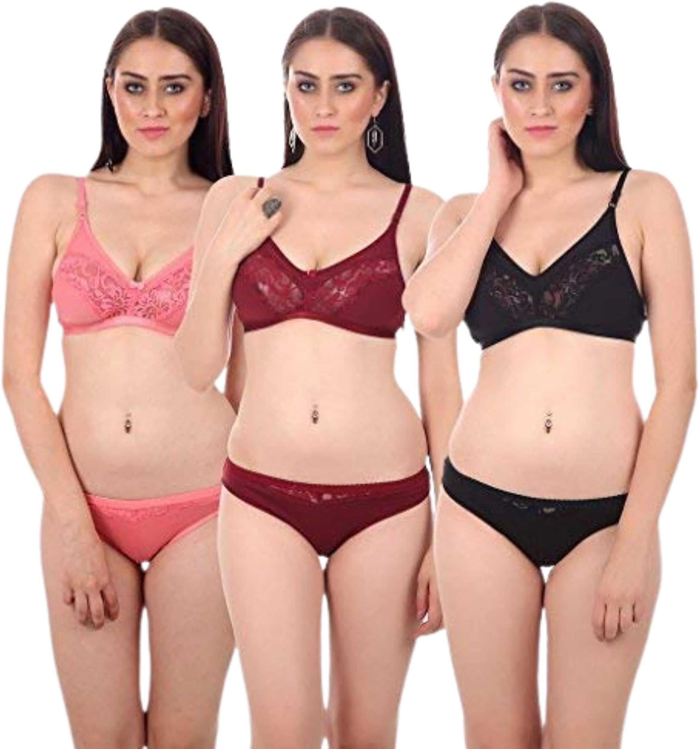 Embibo Multicolor Women Cotton Bra Panty Set for Women Lingerie Set Bra Panty Set for Women with Sexy Bra Panty Set for Women Innerwear Pack of 3 Sets
