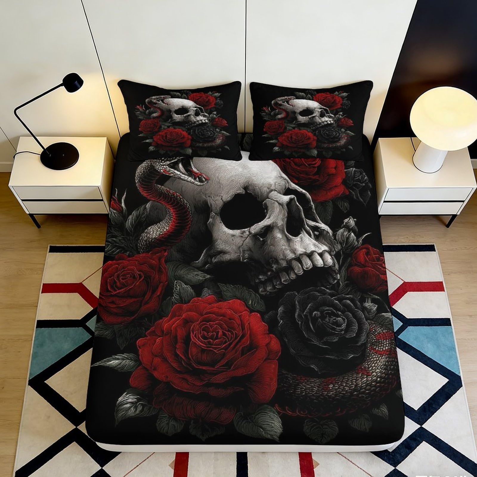 3D Printed Rose Skull Fitted Sheet Microfiber Bedding Deep Pocket Non-Slip Rose Skull Mattress Fitted Cover Elastic Hem for Bedroom 180x200x25cm