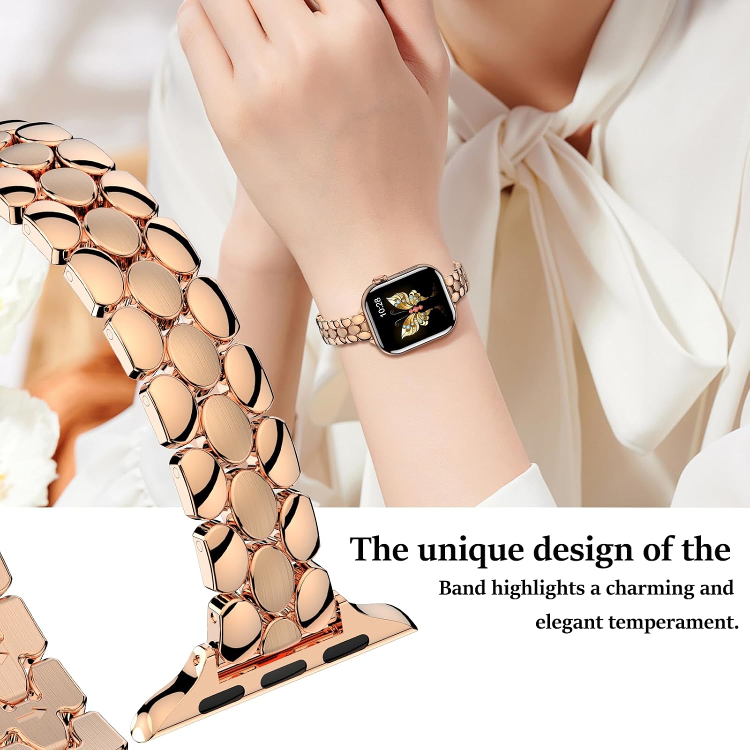 Narrow Band Compatible with Apple Watch Band 42mm (Series 11 10), 41mm (Series 9 8 7), 40mm (SE 3 2 1 Series 6 5 4), 38mm (Series 3 2 1), iwatch Dressy Thin Metal Bands for Women Rose Gold - Image 4