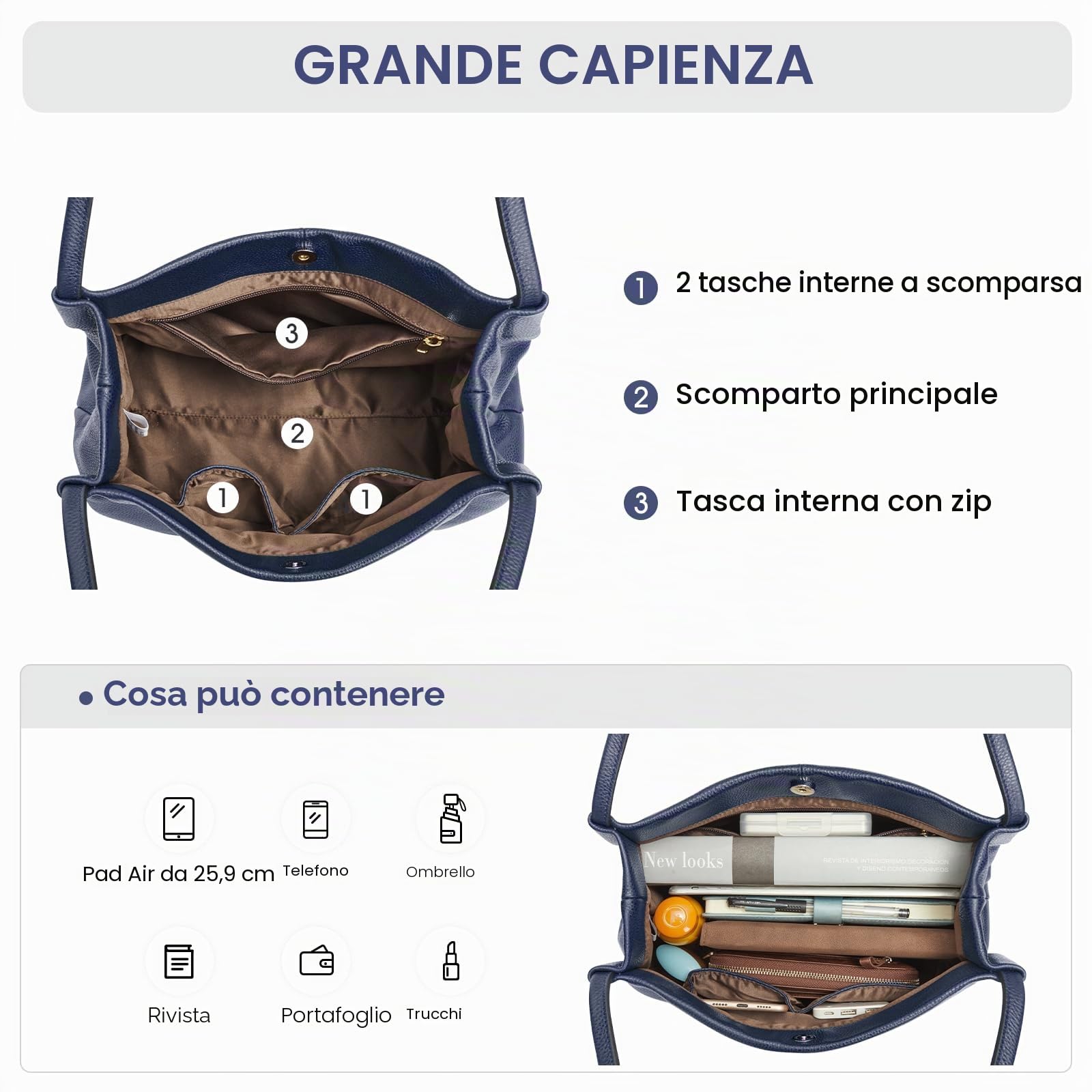 Kattee Borsa larga da donna, in vera pelle, casual, con chiusura magnetica a scatto
