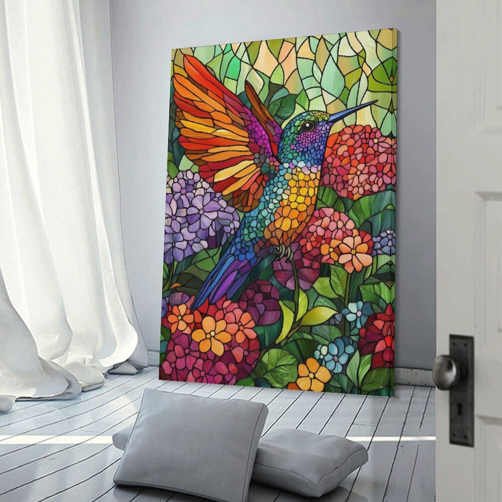 Junmoney Frame-Style-9 Hummingbird In Bloom Stained Glass Canvas Wall Decor, 08X12inch(20X30cm), For Wall Displays, Bedrooms Or Room Updates, Wall Decor Suited To Curated Displays