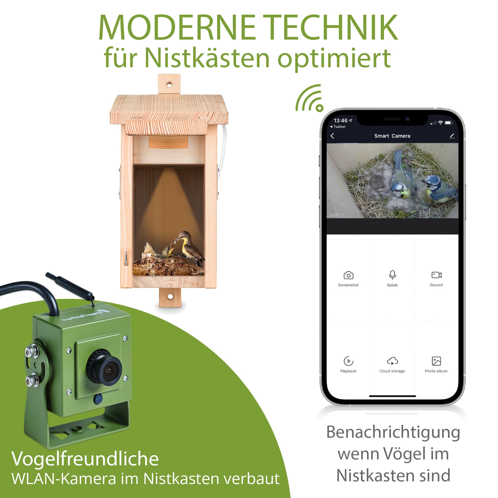 Nestblick Plus in Beige mit WLAN-Kamera. Nistkasten für Live-Beobachtung mit App, Full-HD, Nachtsicht, Ton und Infrarot LEDs. Ideal für Meisen, Kleiber & Zaunkönige.