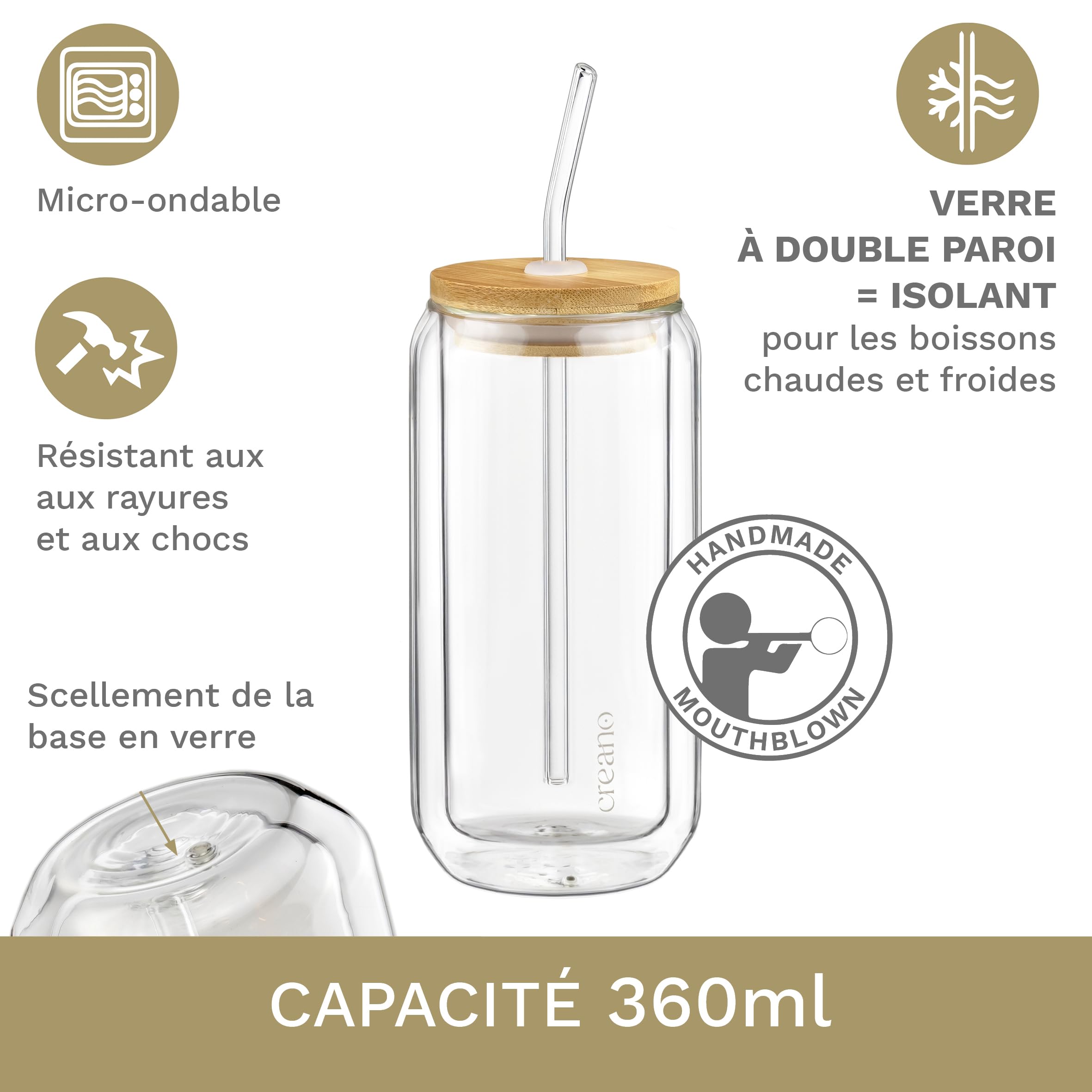 Creano Verre à double paroi avec couvercle en bambou et paille - 360 ml - Lot de 4 - Gobelets à smoothie - Bubble Tea - Verre à cocktail