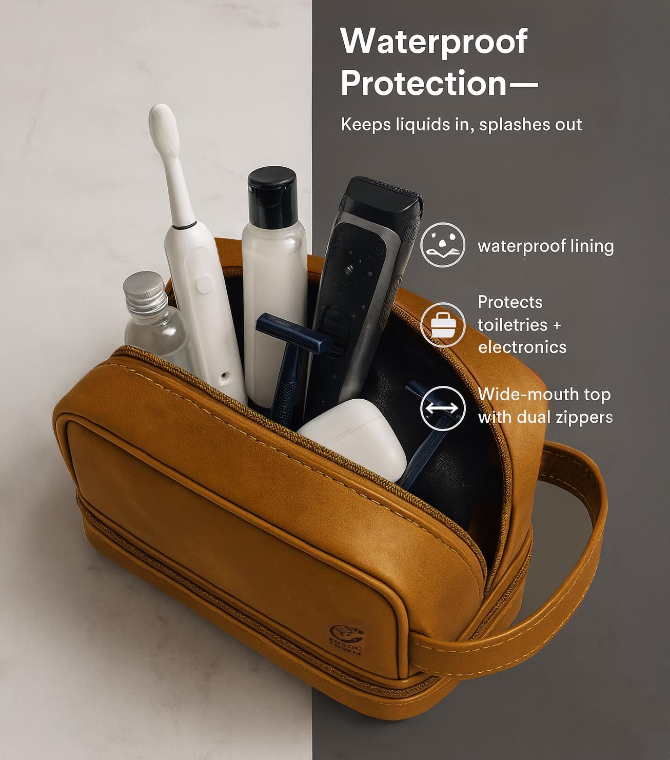 RUSTIC TOWN Leather Toiletry Bag - Waterproof Ditty Kit for Men and Women, Travel Organizer for Full-Size Essentials, TSA Approved