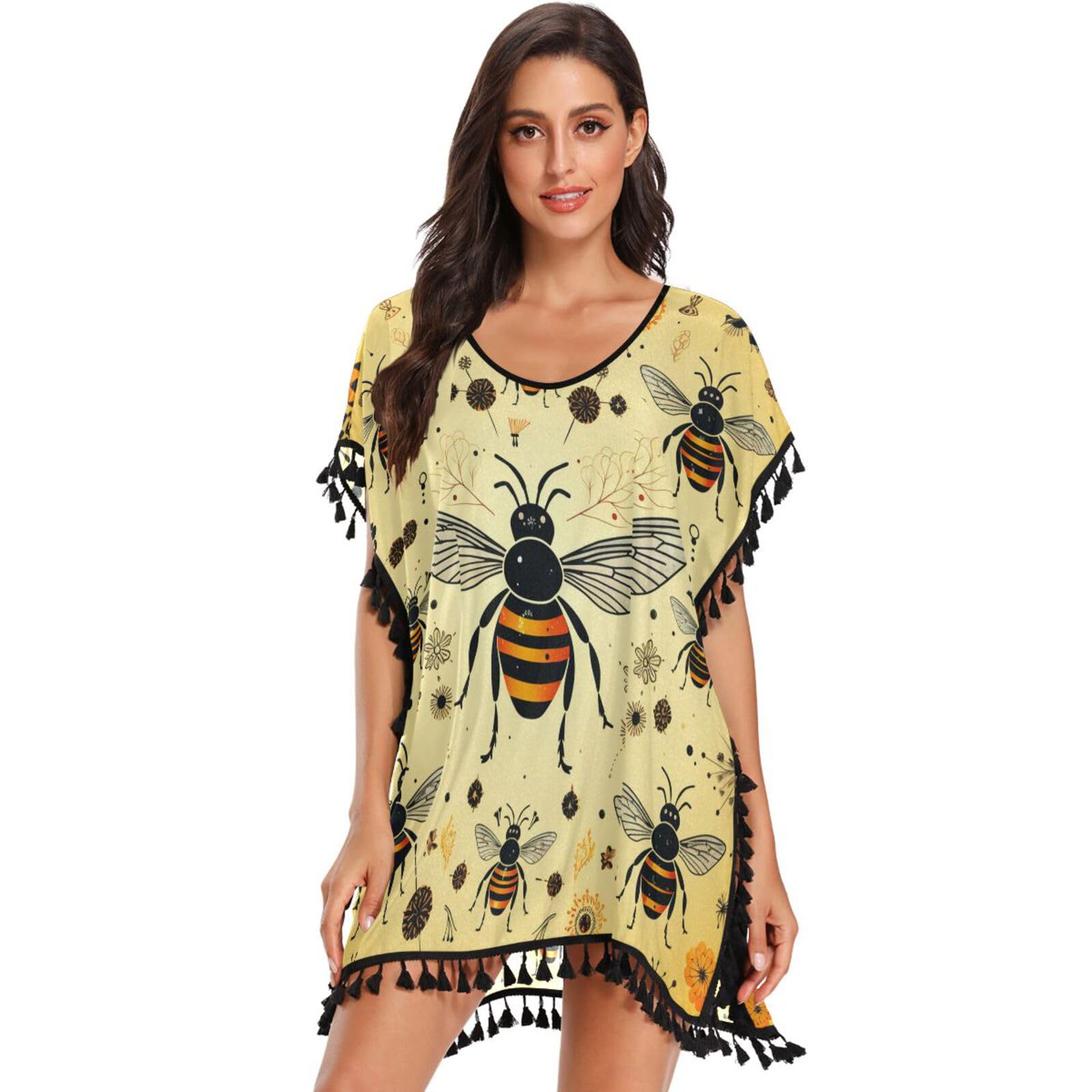 Crayon Art Black Bees Women's Beach Cover Up Chiffon Tassel Swimwear Swimsuit Coverups for Girl