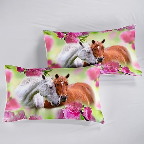 Miniatura 3 de BSNTHO Juego de ropa de cama de caballo para niños ropa de cama de flores rosas juego de edredón floral para niñas adolescentes edredón estampado de