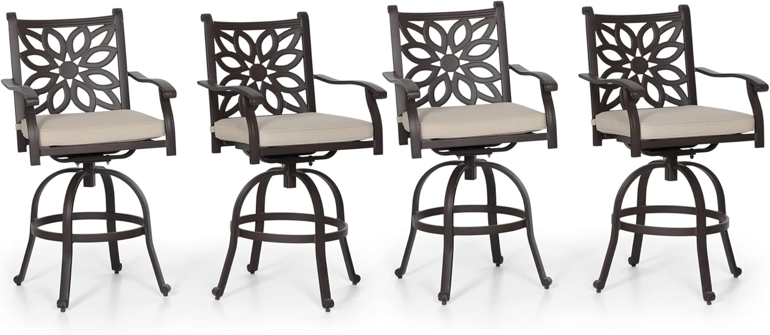PHI VILLA Outdoor Swivel Bar Stools, Cast Aluminum Patio