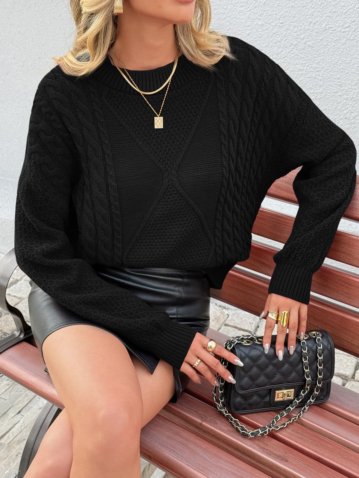 Fisoew Damski sweter oversize, okrągły dekolt, wzór warkocza, długi rękaw, sweter z dzianiny, na zimę, gruby sweter