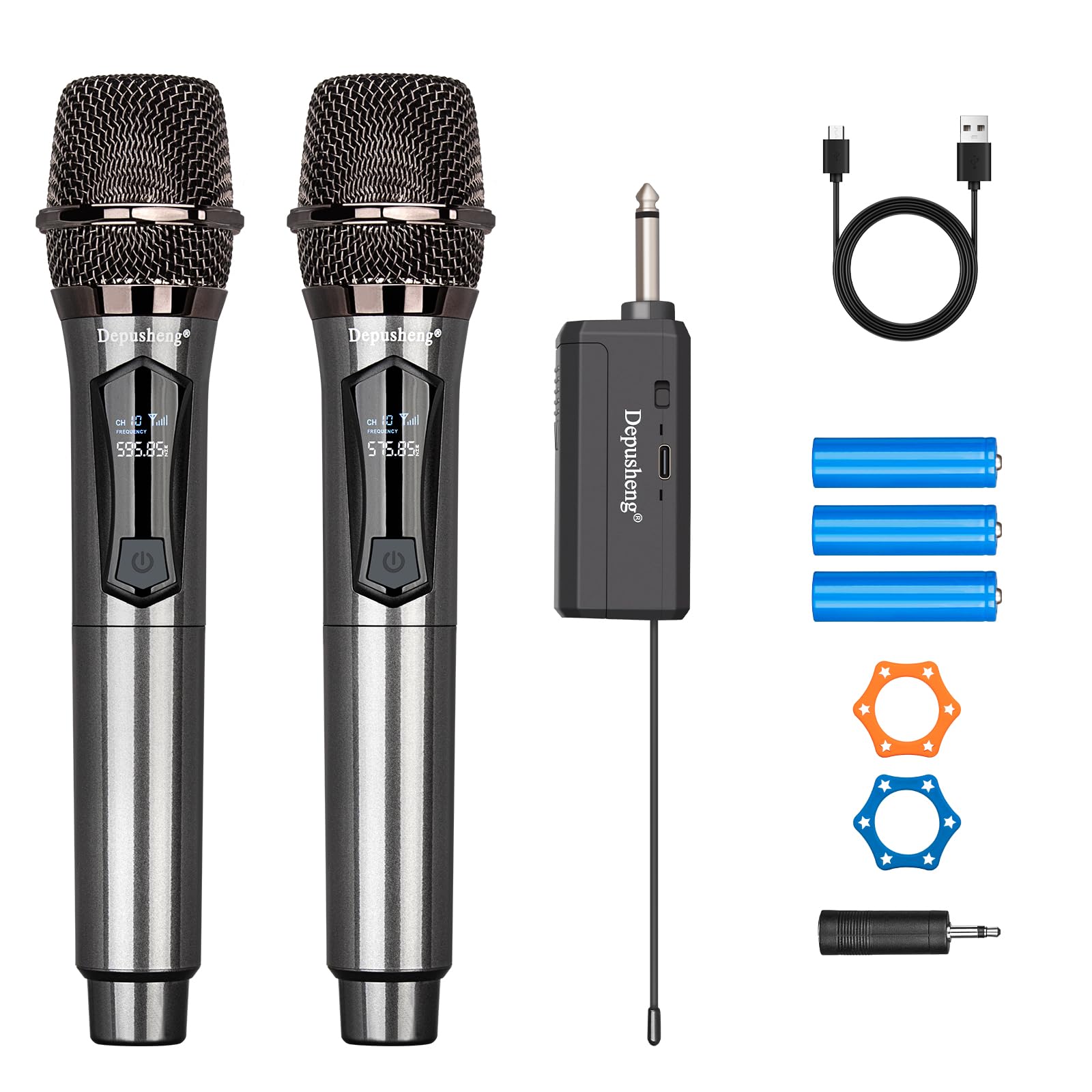 Depusheng Microphones sans fil, double système de karaoké, microphonos Inalambricos avec récepteur rechargeable, microphone dynamique sans fil pour chant, mariage, DJ, fête, discours