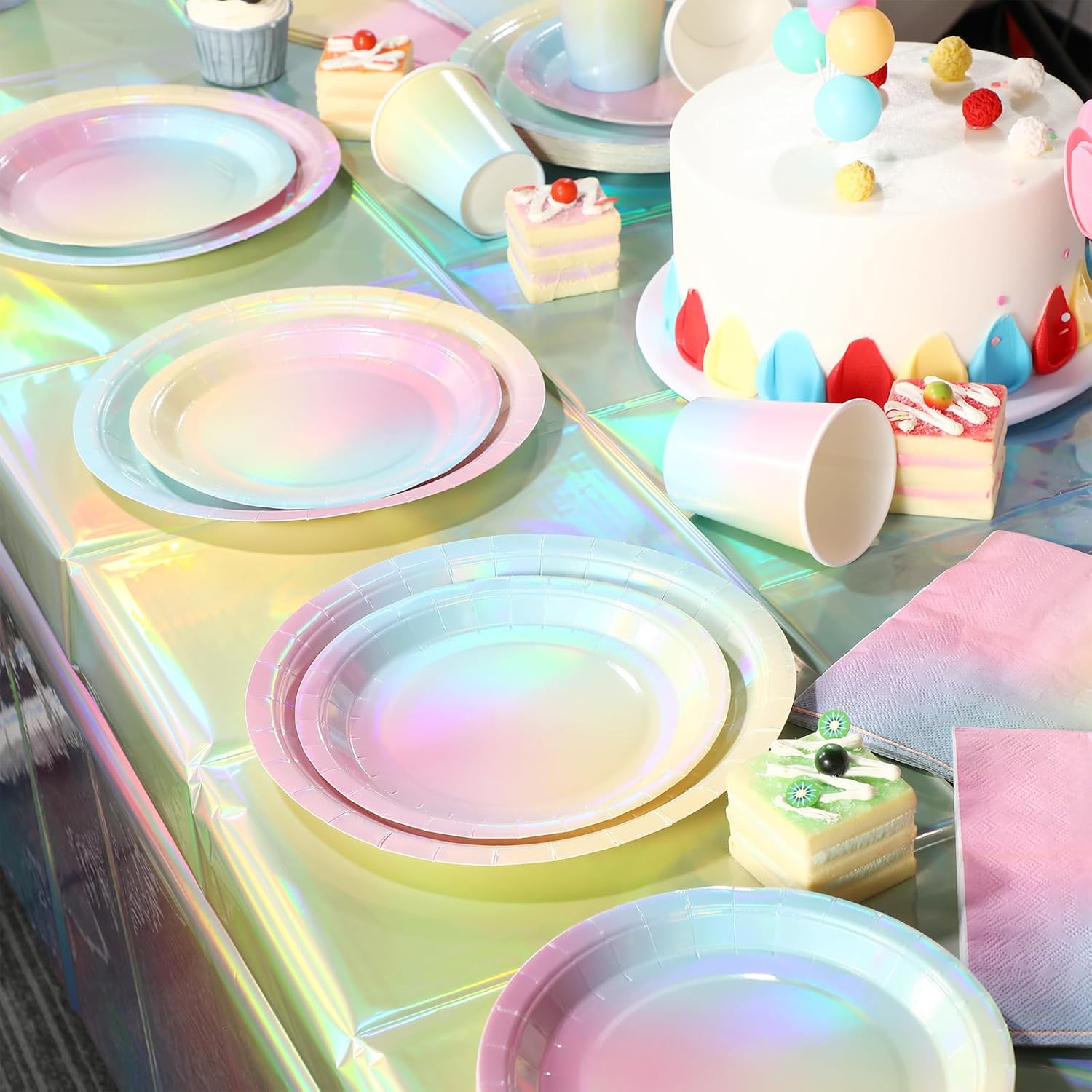 Iridescent Rainbow Party Decorations - Serve 25, Holographic Pastel Paper Plates and Napkins, Disposable Iridescent Rainbow Plates, Cups, Napkins for Girls Birthday, Wedding, Baby Shower - Image 5