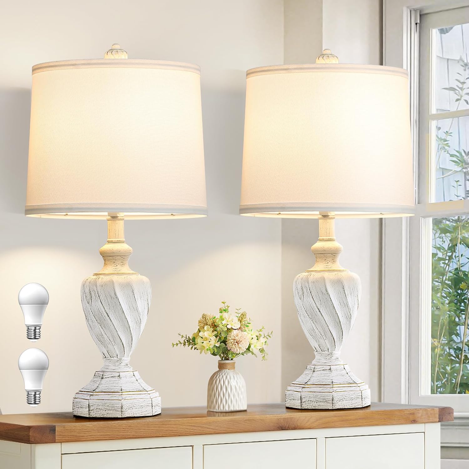 22.4" Farmhouse Table Lamps for Bedrooms Set of 2, Rustic Resin End Table Lamps for Living Room Gold Trim Base, Bedside Nightstand Lamps, Bulbs Included